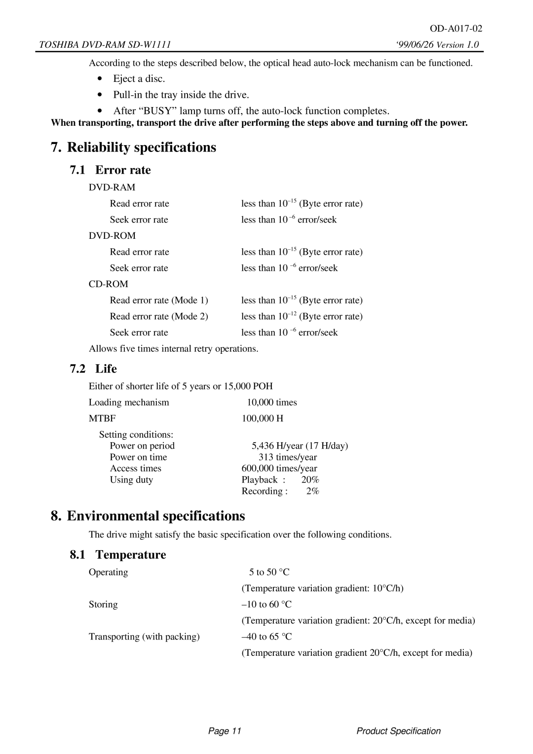 Toshiba SD-W1111 Reliability specifications, Environmental specifications, Error rate, Life, Temperature 