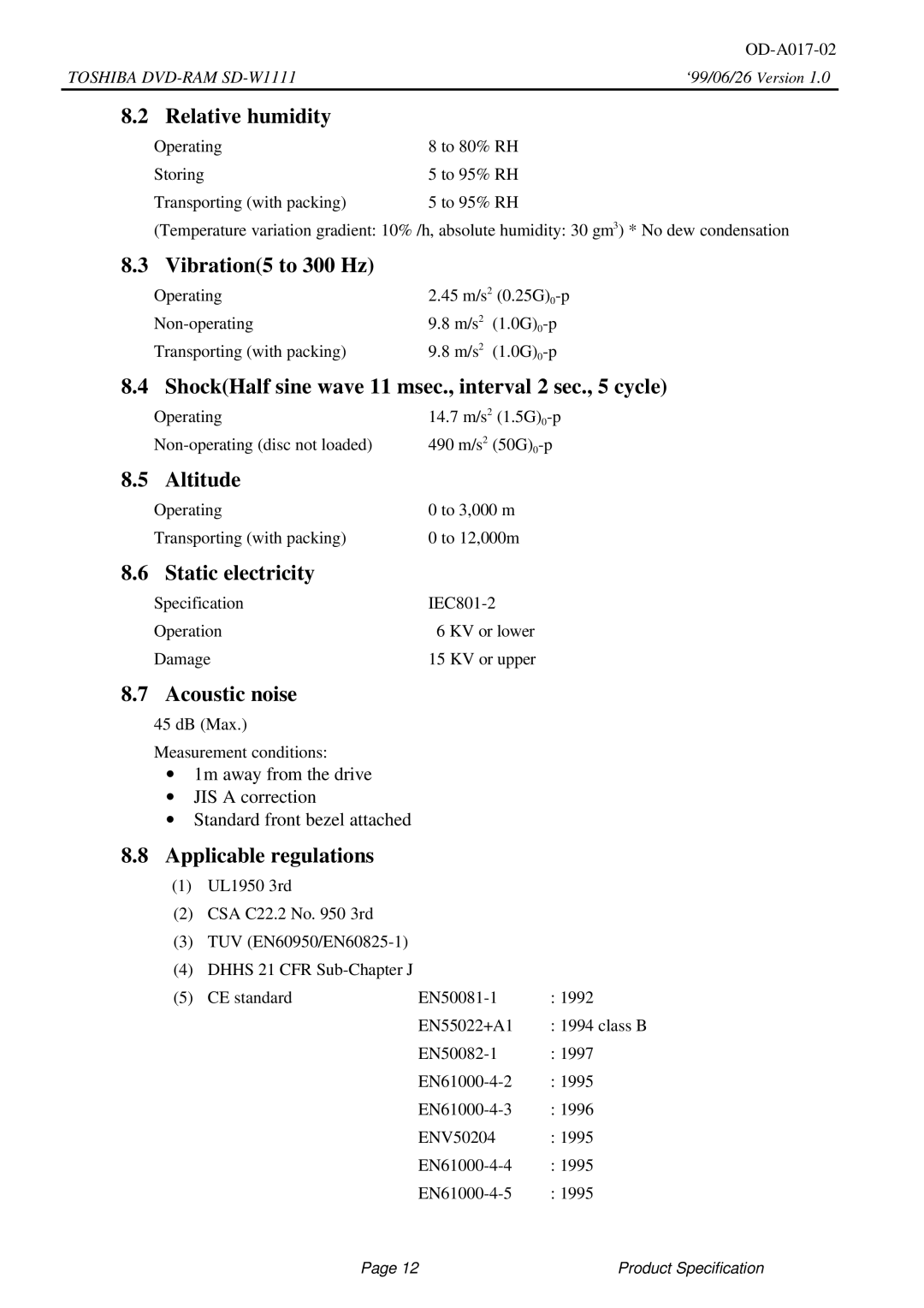 Toshiba SD-W1111 specifications Relative humidity, Vibration5 to 300 Hz, Altitude, Static electricity, Acoustic noise 