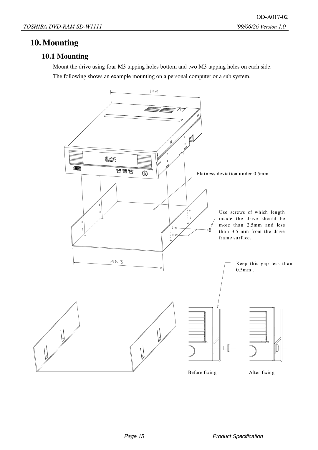 Toshiba SD-W1111 specifications Mounting 