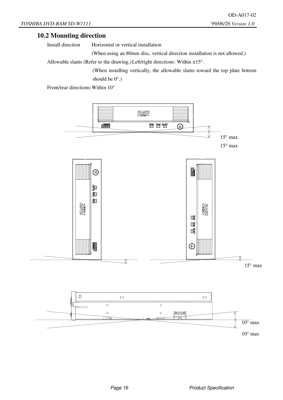 Toshiba SD-W1111 specifications Mounting direction 