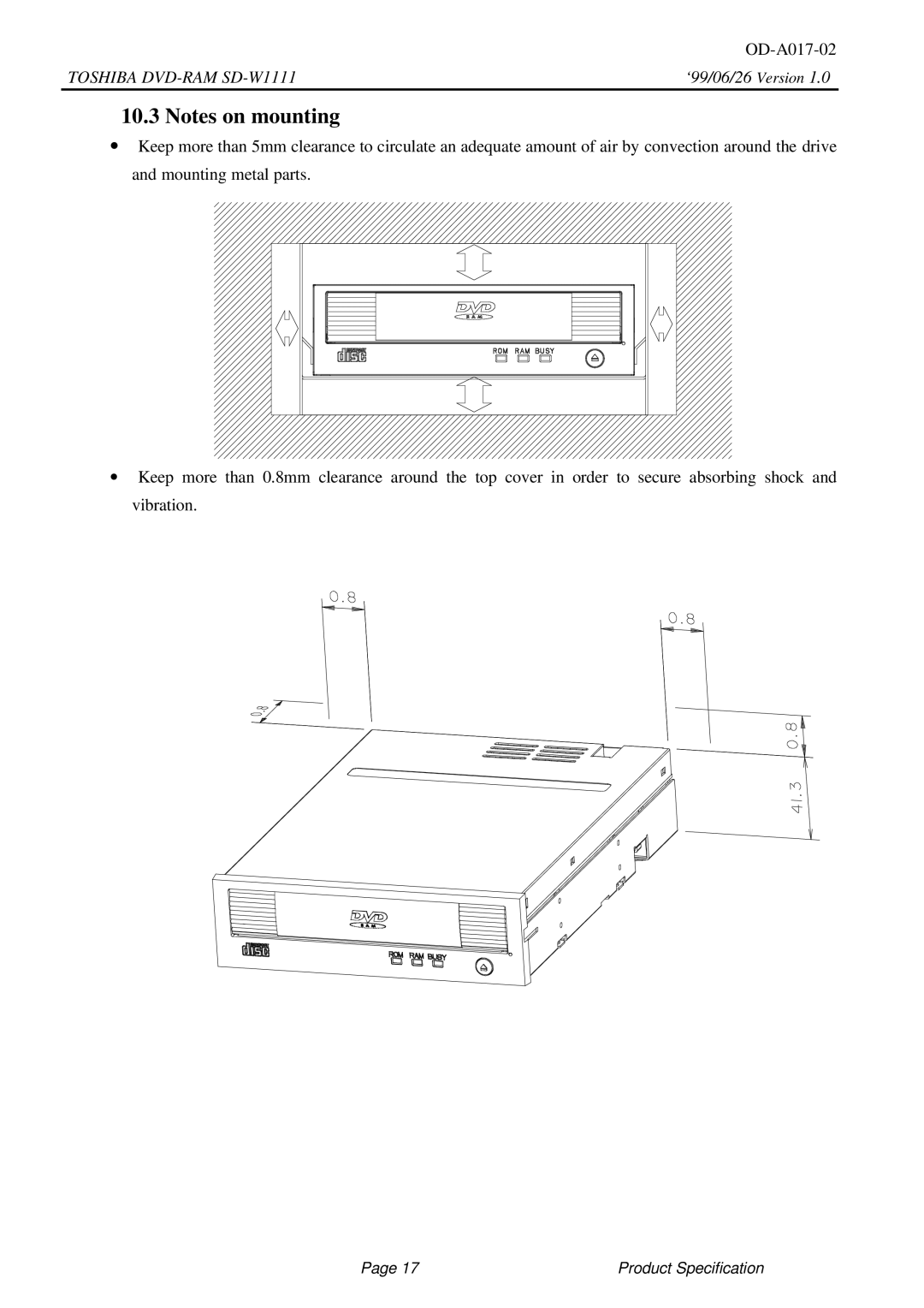 Toshiba specifications Toshiba DVD-RAM SD-W1111 