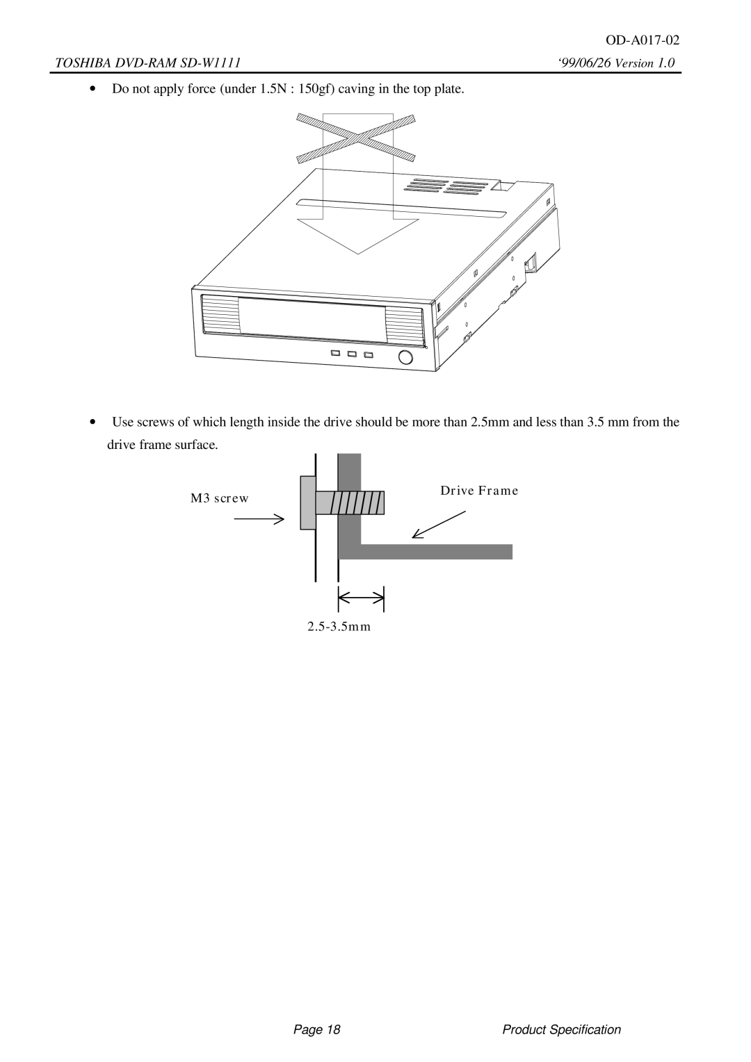 Toshiba SD-W1111 specifications M3 screw Drive Frame 3.5mm 