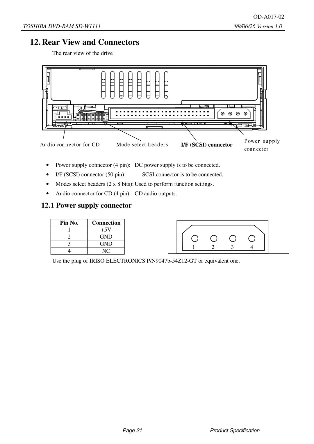 Toshiba SD-W1111 specifications Rear View and Connectors, Power supply connector 