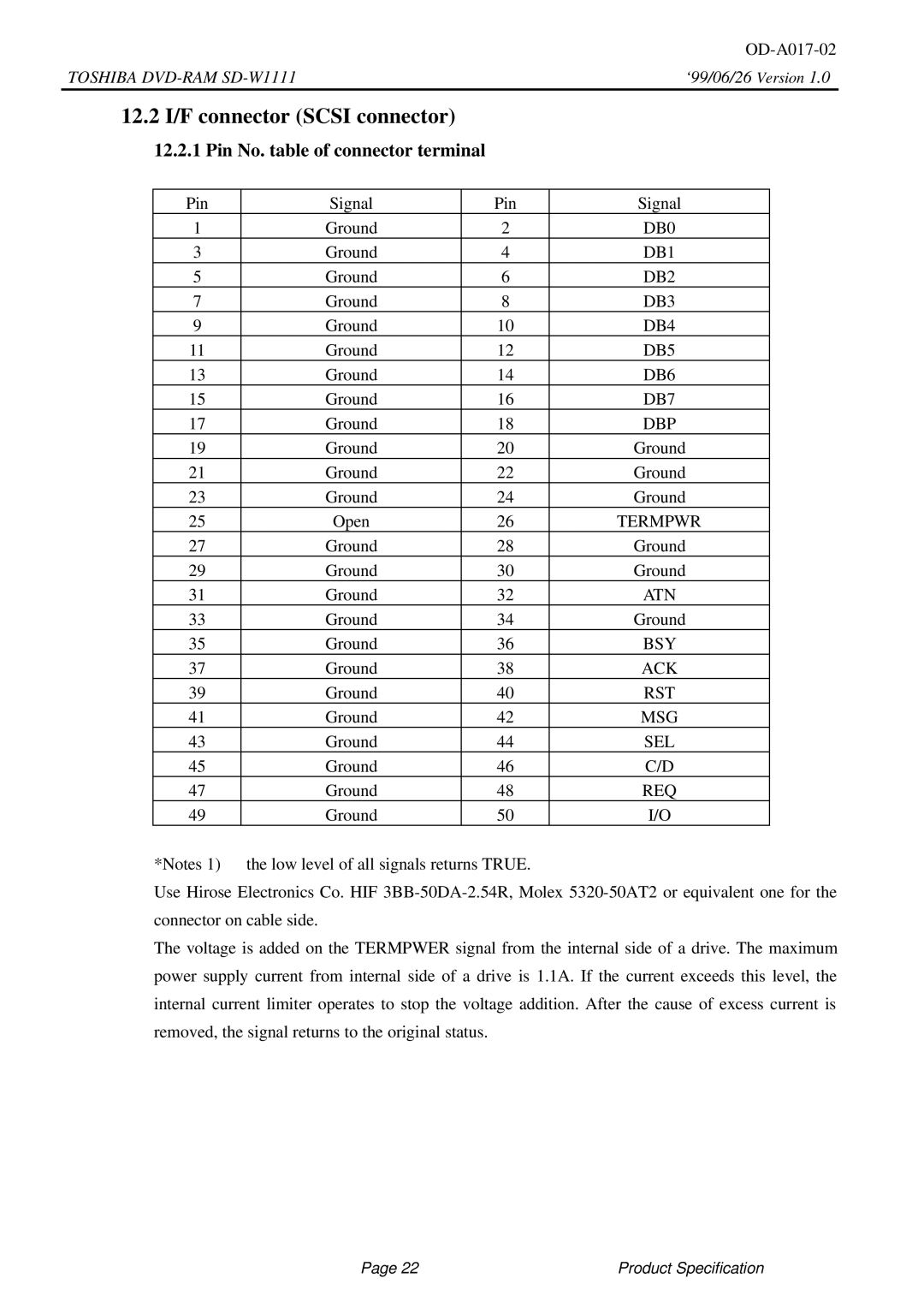 Toshiba SD-W1111 specifications 12.2 I/F connector Scsi connector, Pin No. table of connector terminal 