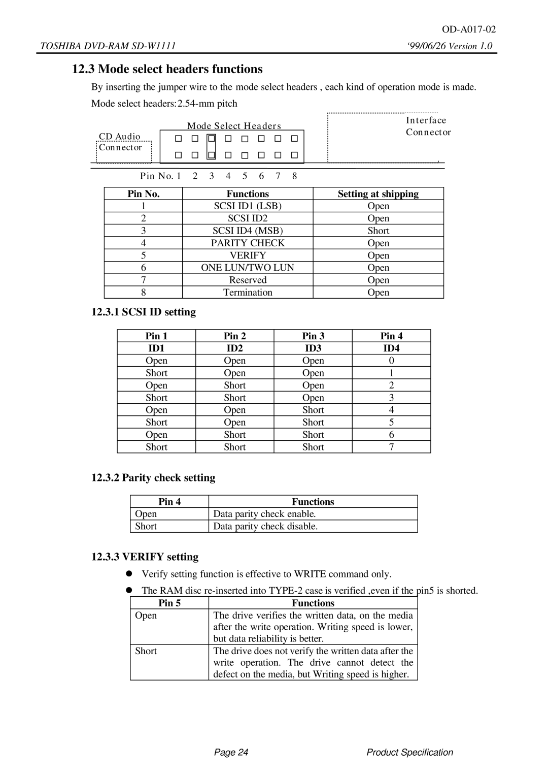 Toshiba SD-W1111 specifications Mode select headers functions, Scsi ID setting, Parity check setting, Verify setting 