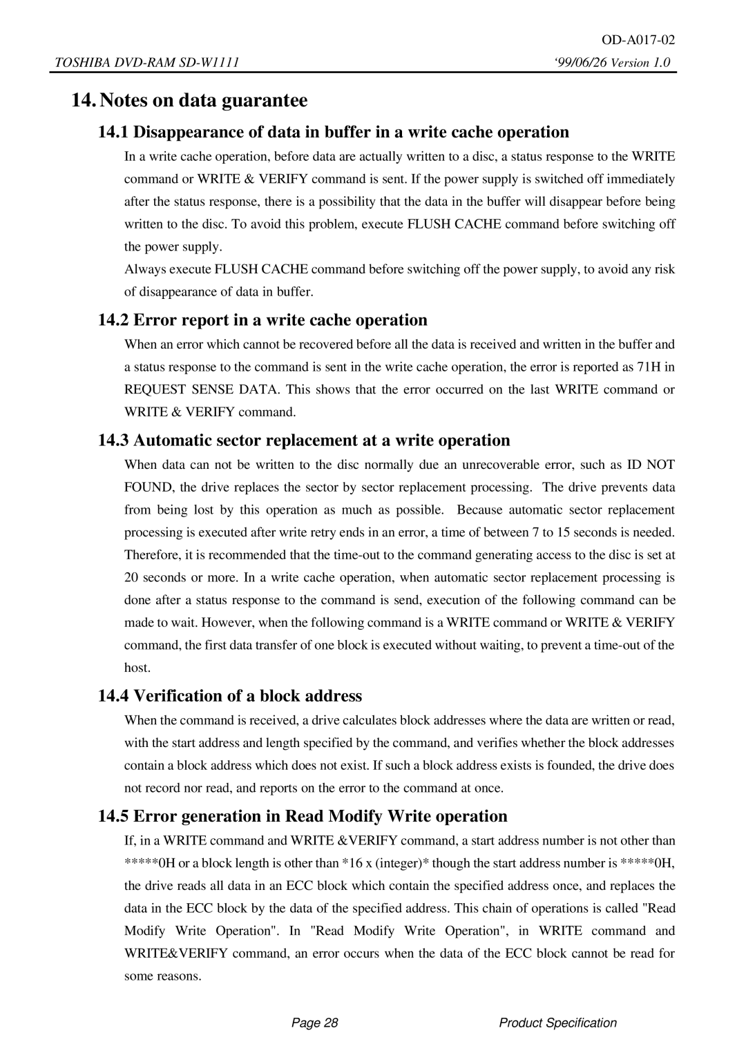 Toshiba SD-W1111 Disappearance of data in buffer in a write cache operation, Error report in a write cache operation 