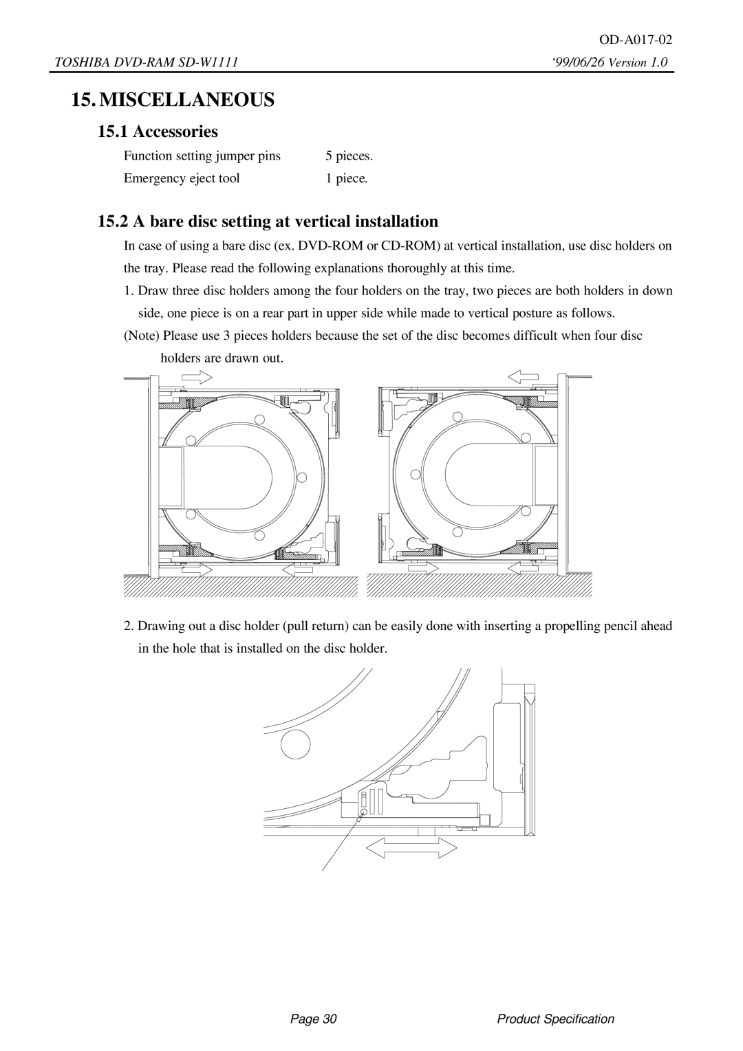 Toshiba SD-W1111 specifications Accessories, Bare disc setting at vertical installation 