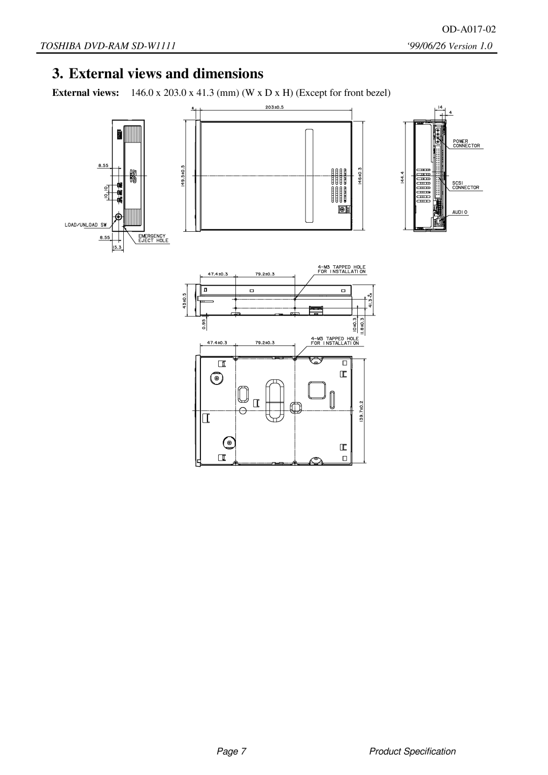 Toshiba SD-W1111 specifications External views and dimensions 