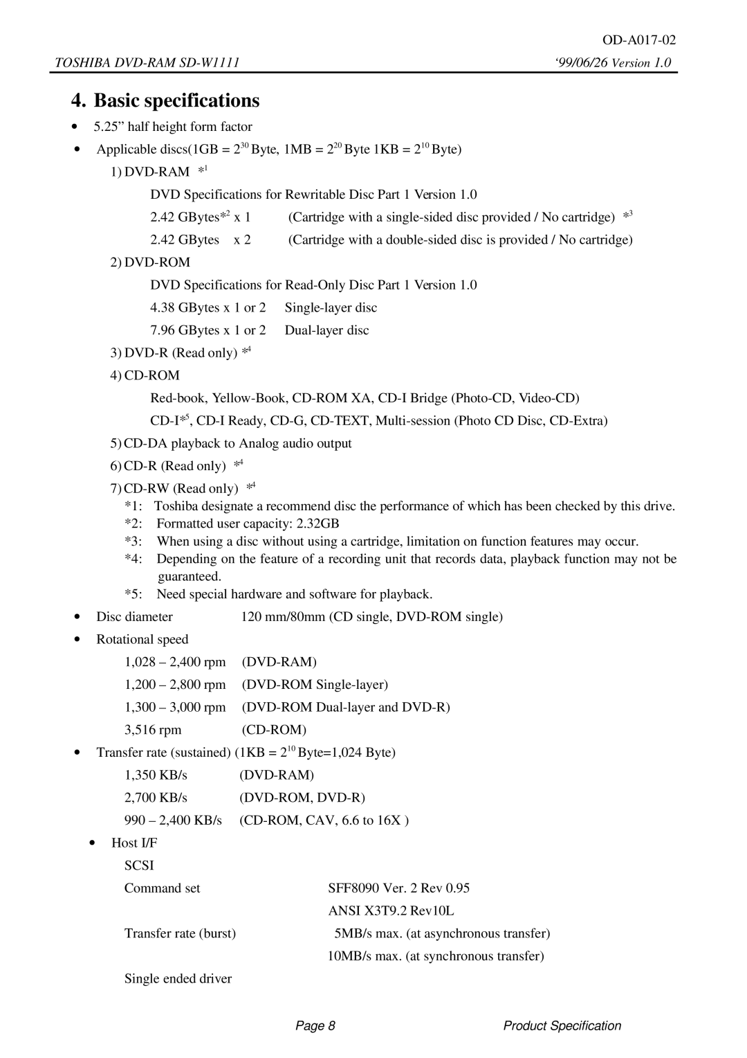 Toshiba SD-W1111 Basic specifications, Dvd-Rom 