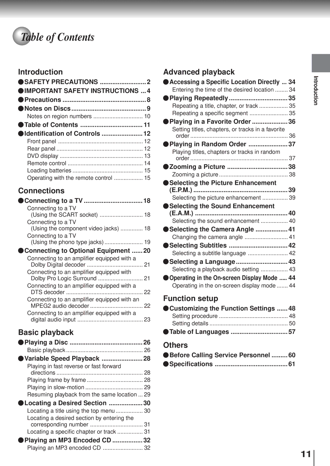 Toshiba SD120/220 manual Table of Contents 