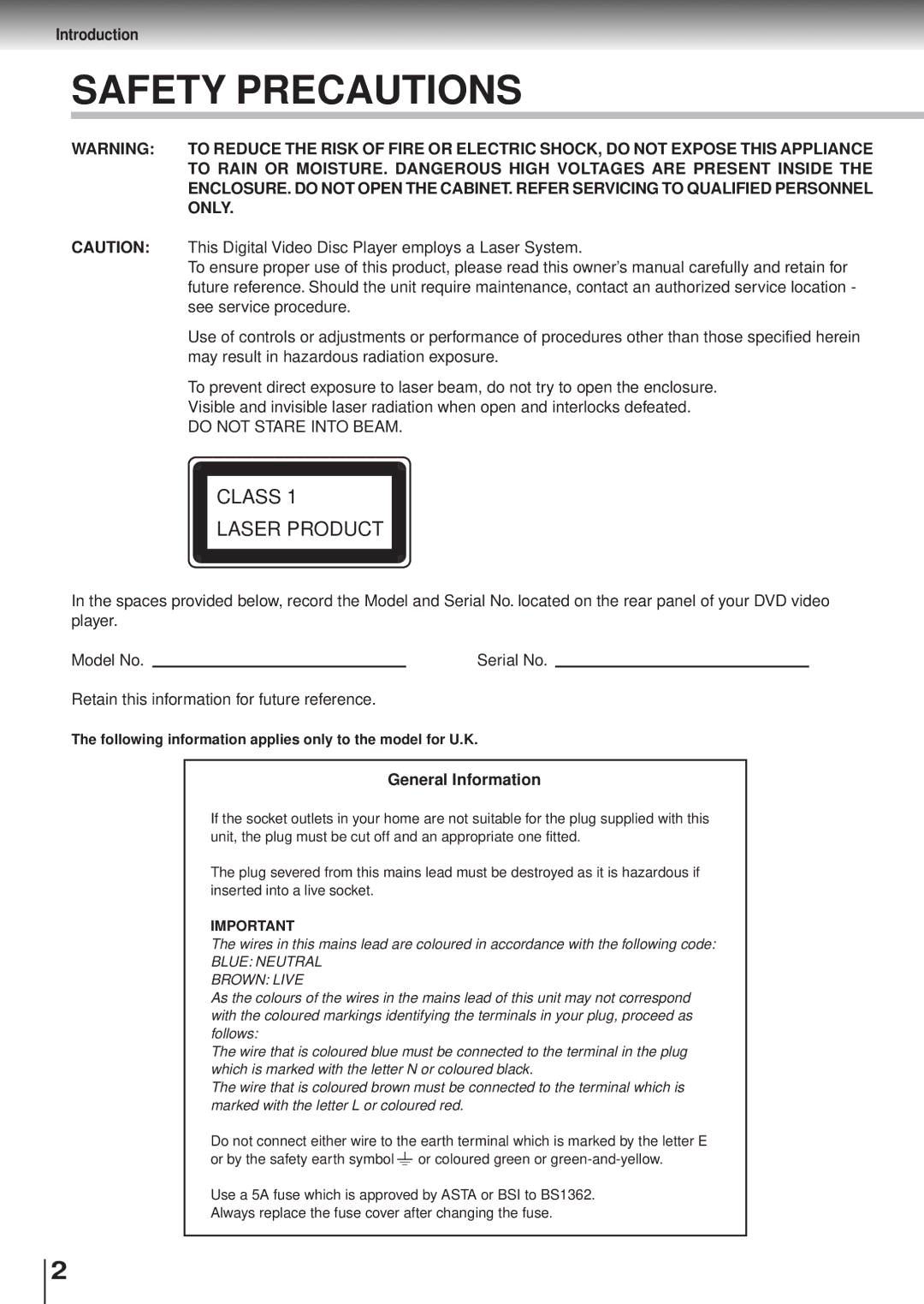 Toshiba SD120/220 manual Introduction, General Information, Following information applies only to the model for U.K 