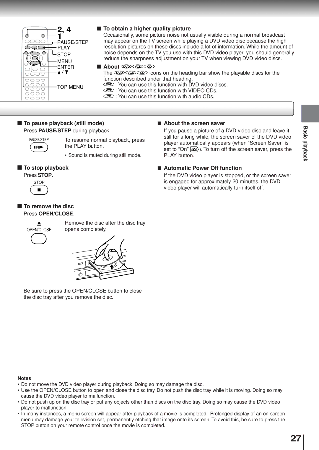 Toshiba SD120/220 To obtain a higher quality picture, To pause playback still mode, To stop playback, To remove the disc 