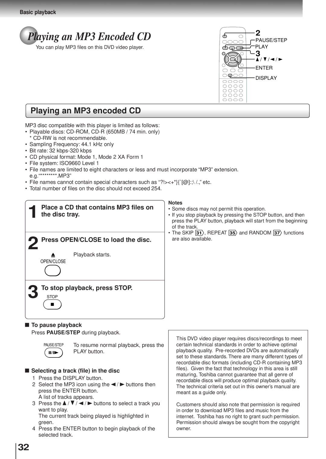 Toshiba SD120/220 manual Playing an MP3 encoded CD, To stop playback, press Stop, To pause playback 