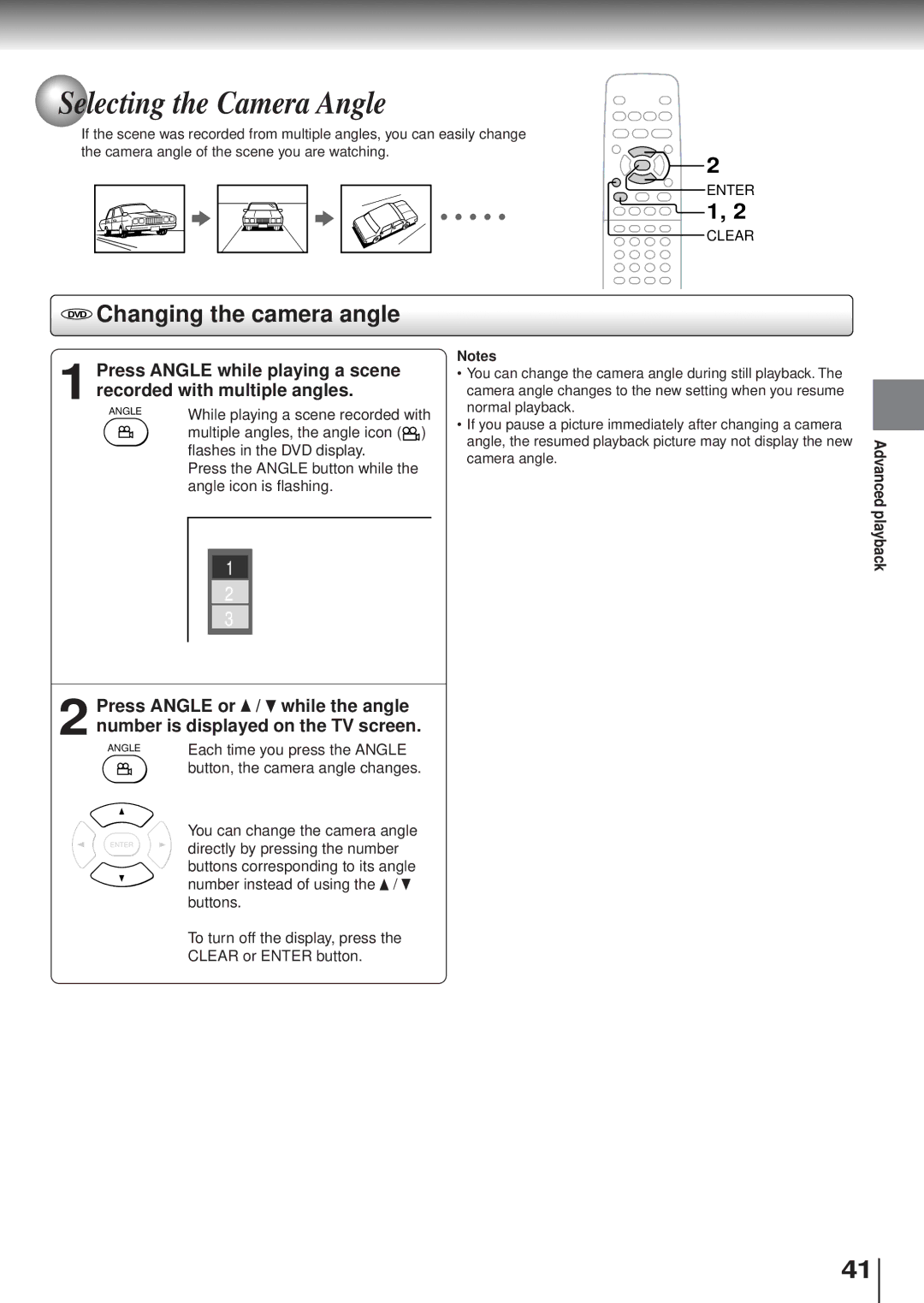 Toshiba SD120/220 manual Changing the camera angle, Selecting the Camera Angle 