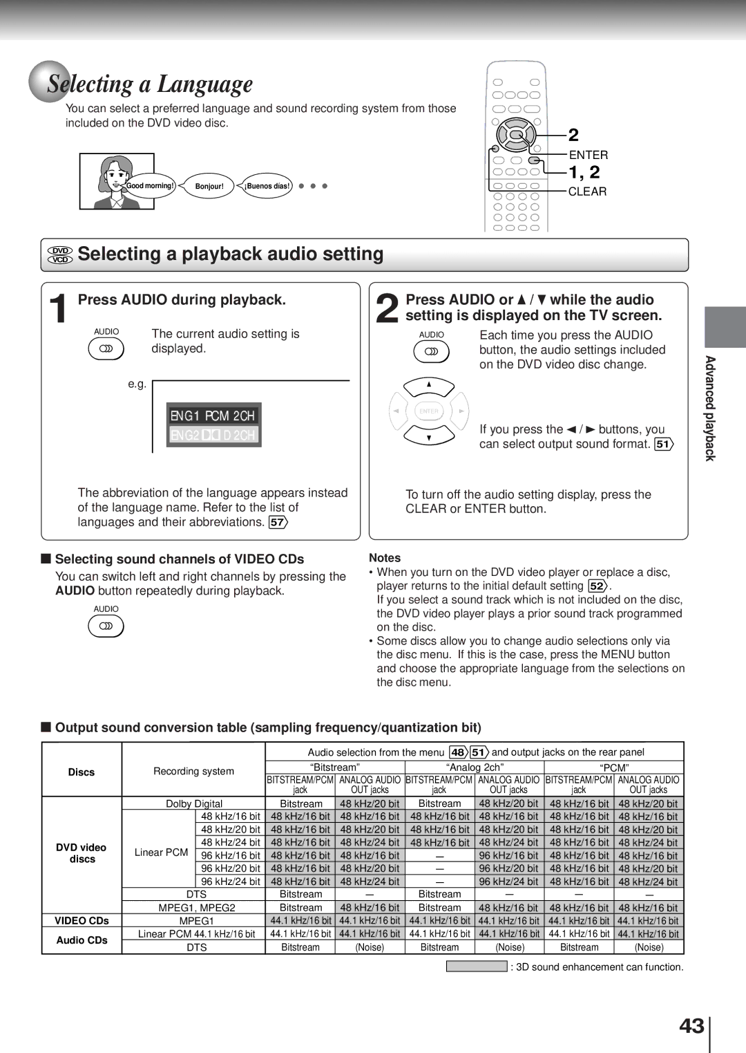 Toshiba SD120/220 manual Selecting a Language, Vcddvd Selecting a playback audio setting, Press Audio during playback 