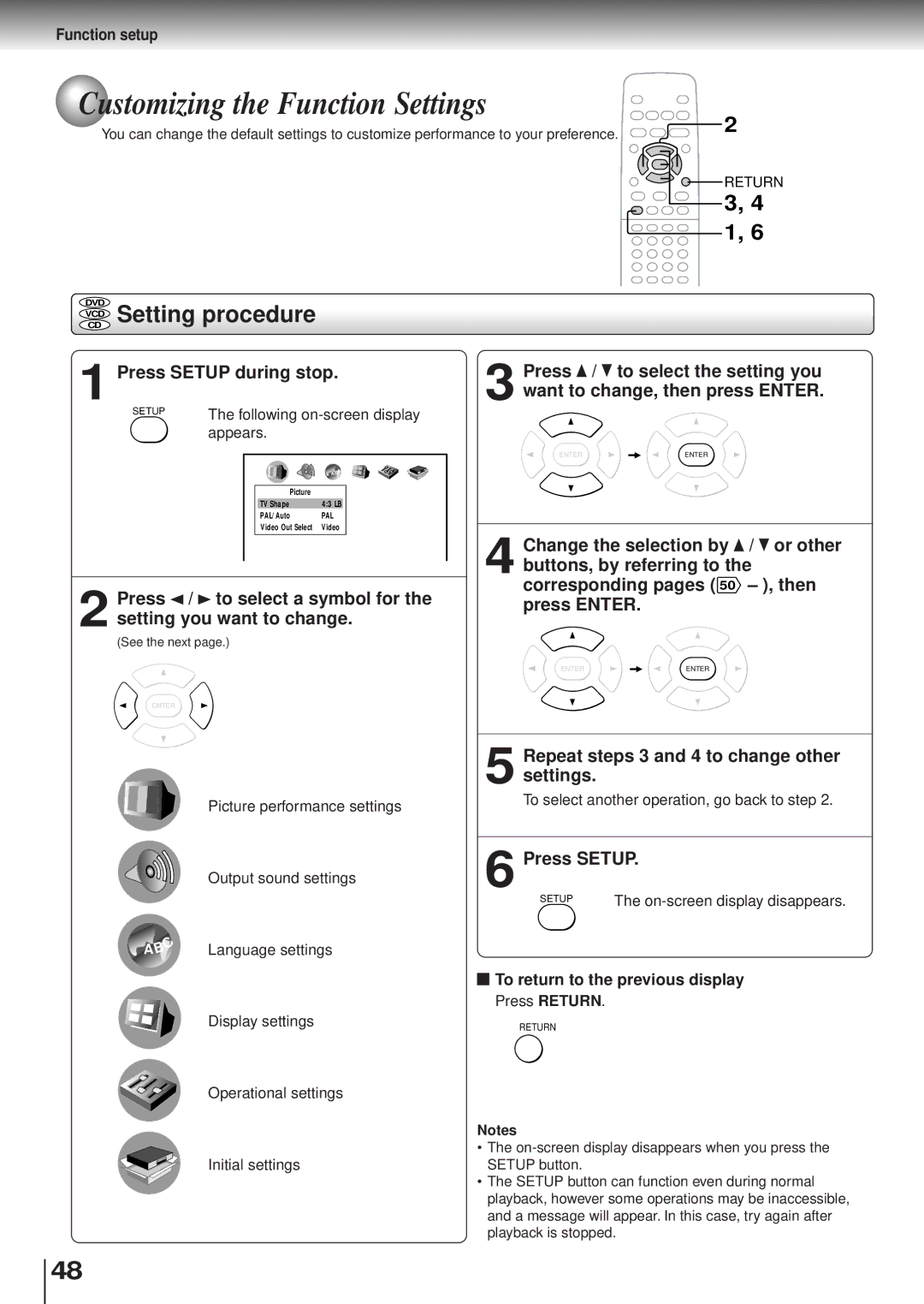 Toshiba SD120/220 manual Customizing the Function Settings, Vcdcd Setting procedure, Press Setup during stop 