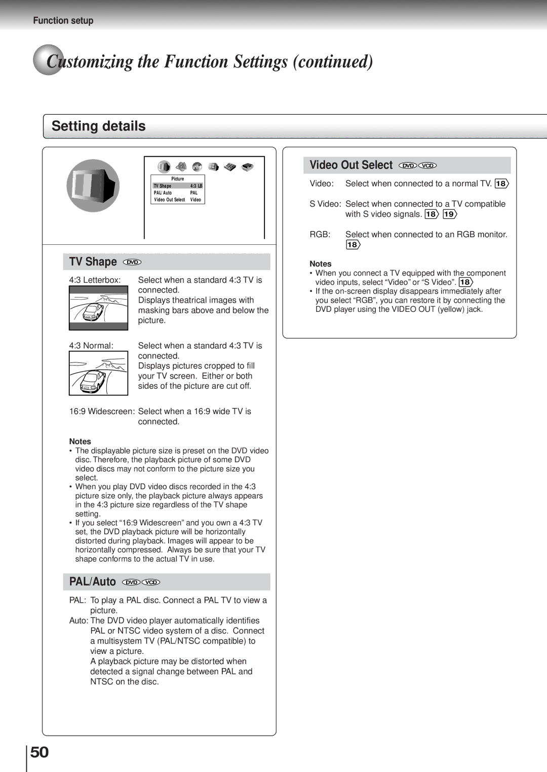 Toshiba SD120/220 manual Setting details, TV Shape, PAL/Auto DVD VCD Video Out Select DVD VCD 