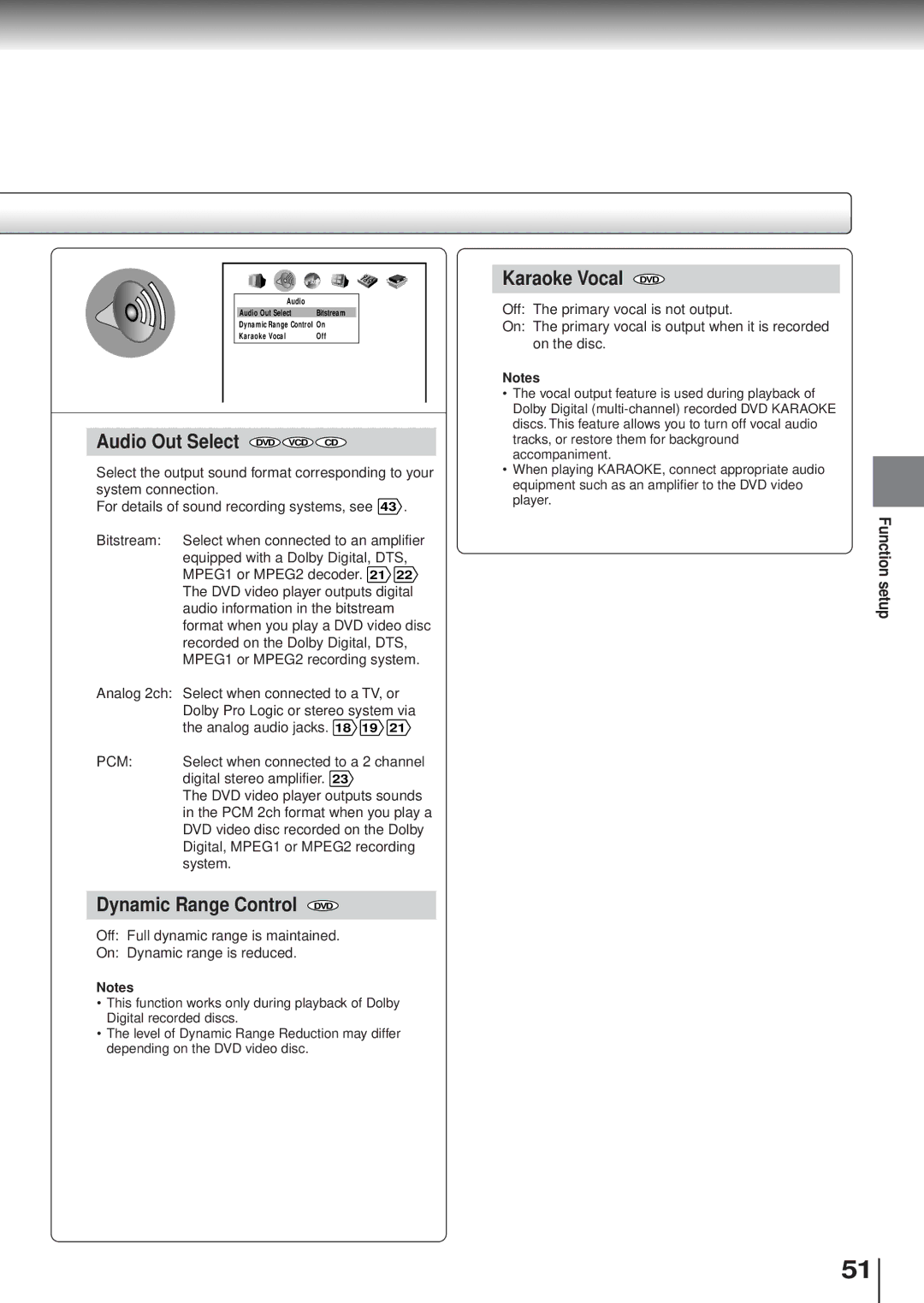 Toshiba SD120/220 manual Audio Out Select DVD VCD CD, Dynamic Range Control DVD, Karaoke Vocal DVD 