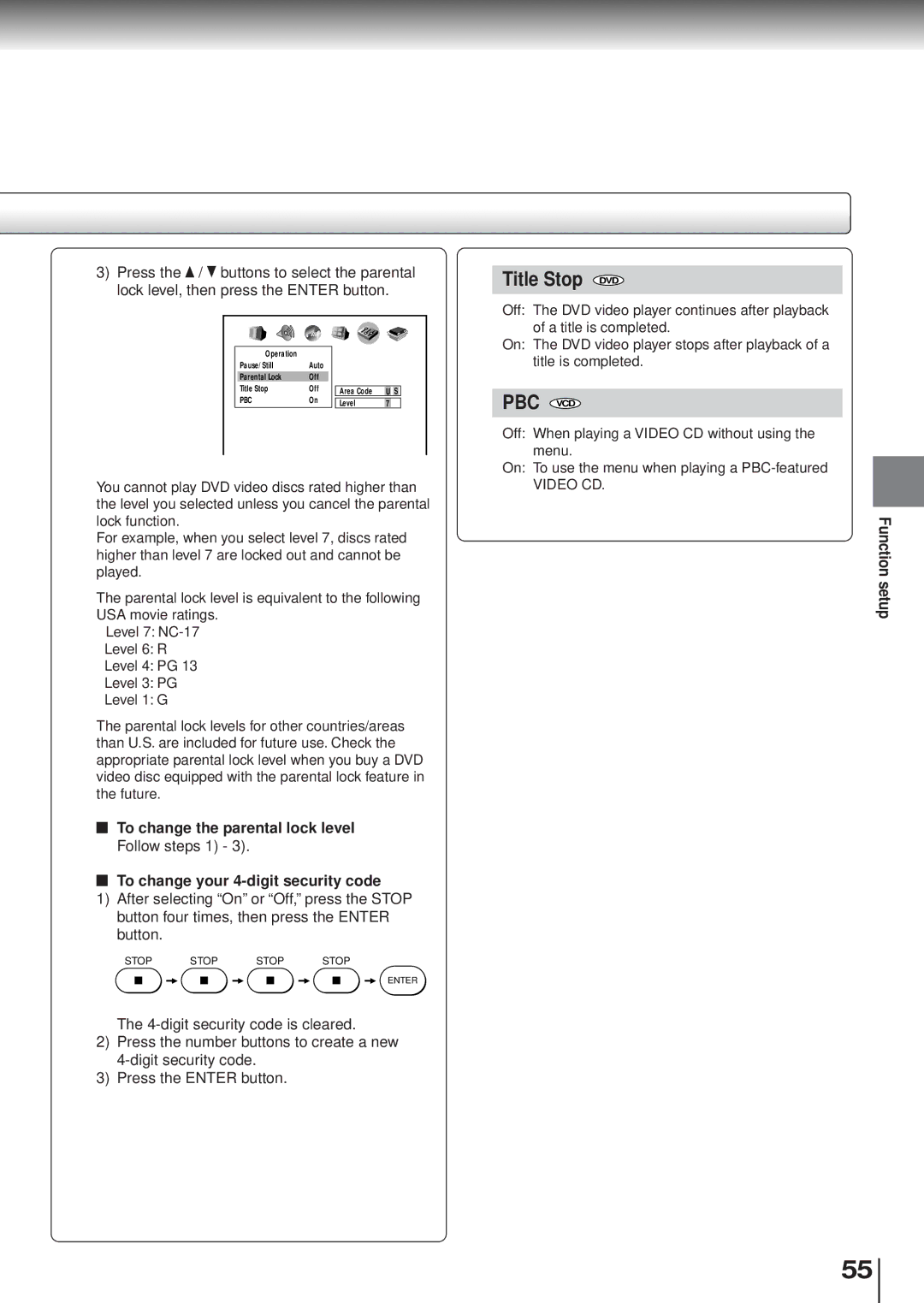 Toshiba SD120/220 manual Title Stop DVD, To change the parental lock level, To change your 4-digit security code 