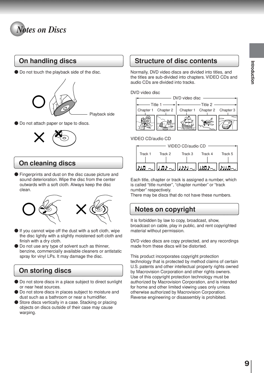 Toshiba SD120/220 manual On handling discs Structure of disc contents, On cleaning discs, On storing discs 