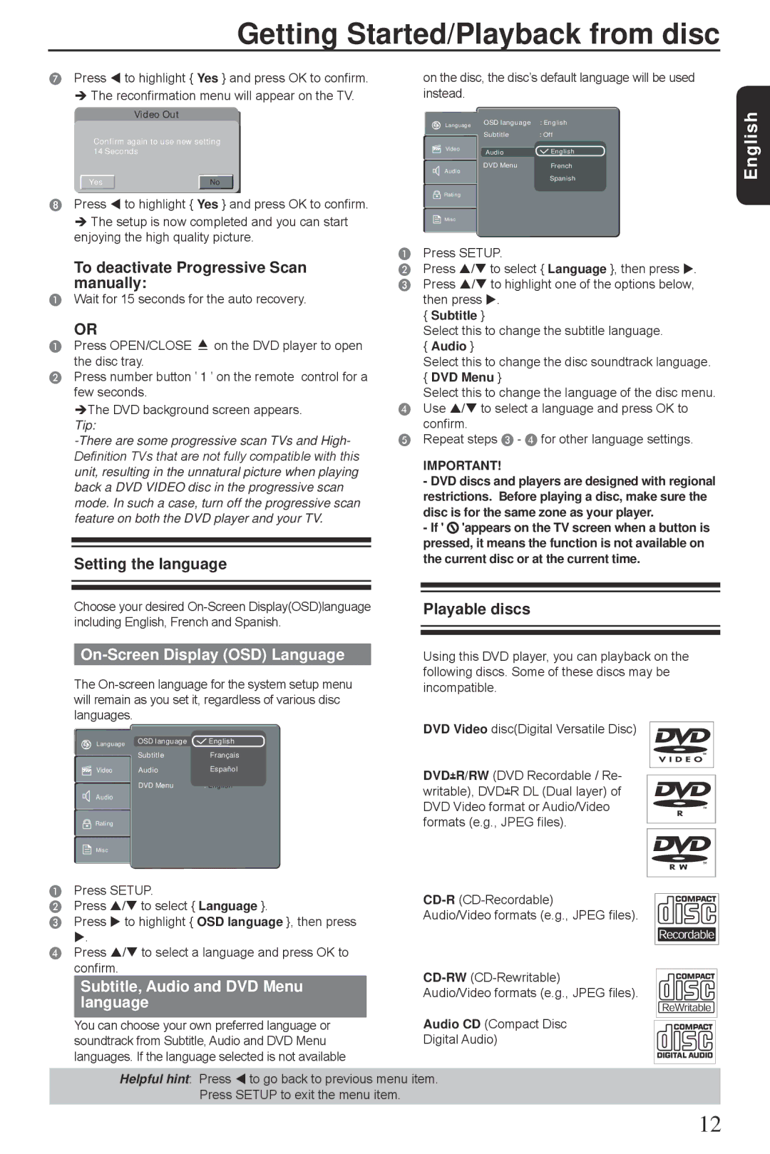 Toshiba SD3300KU Getting Started/Playback from disc, On-Screen Display OSD Language, Subtitle, Audio and DVD Menu language 