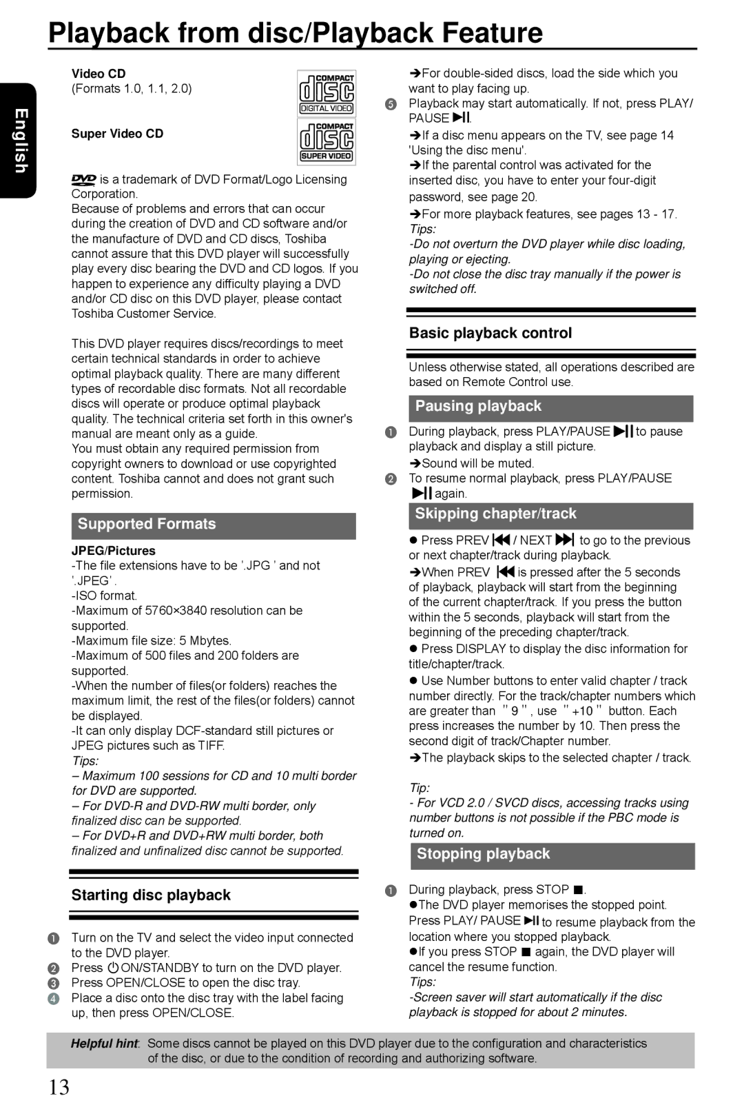 Toshiba SD3300KU manual Playback from disc/Playback Feature, Pausing playback, Supported Formats, Skipping chapter/track 