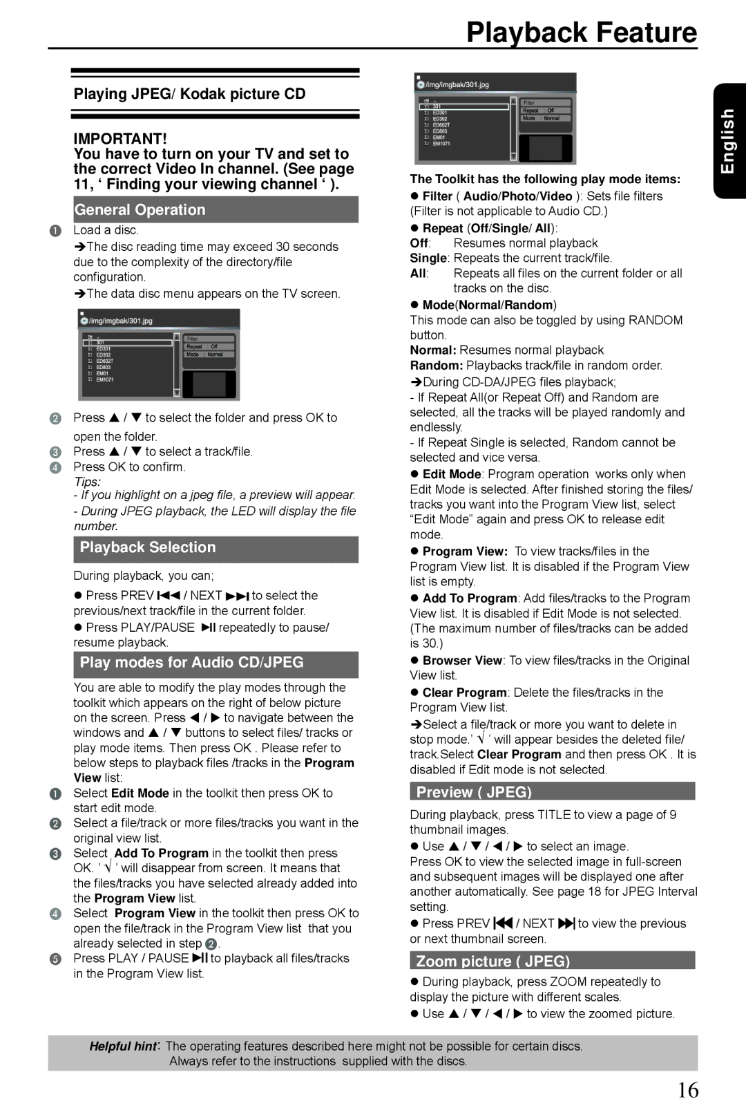 Toshiba SD3300KU General Operation, Playback Selection, Play modes for Audio CD/JPEG, Preview Jpeg, Zoom picture Jpeg 