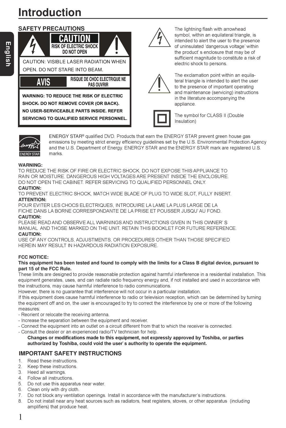 Toshiba SD3300KU manual Introduction, English 