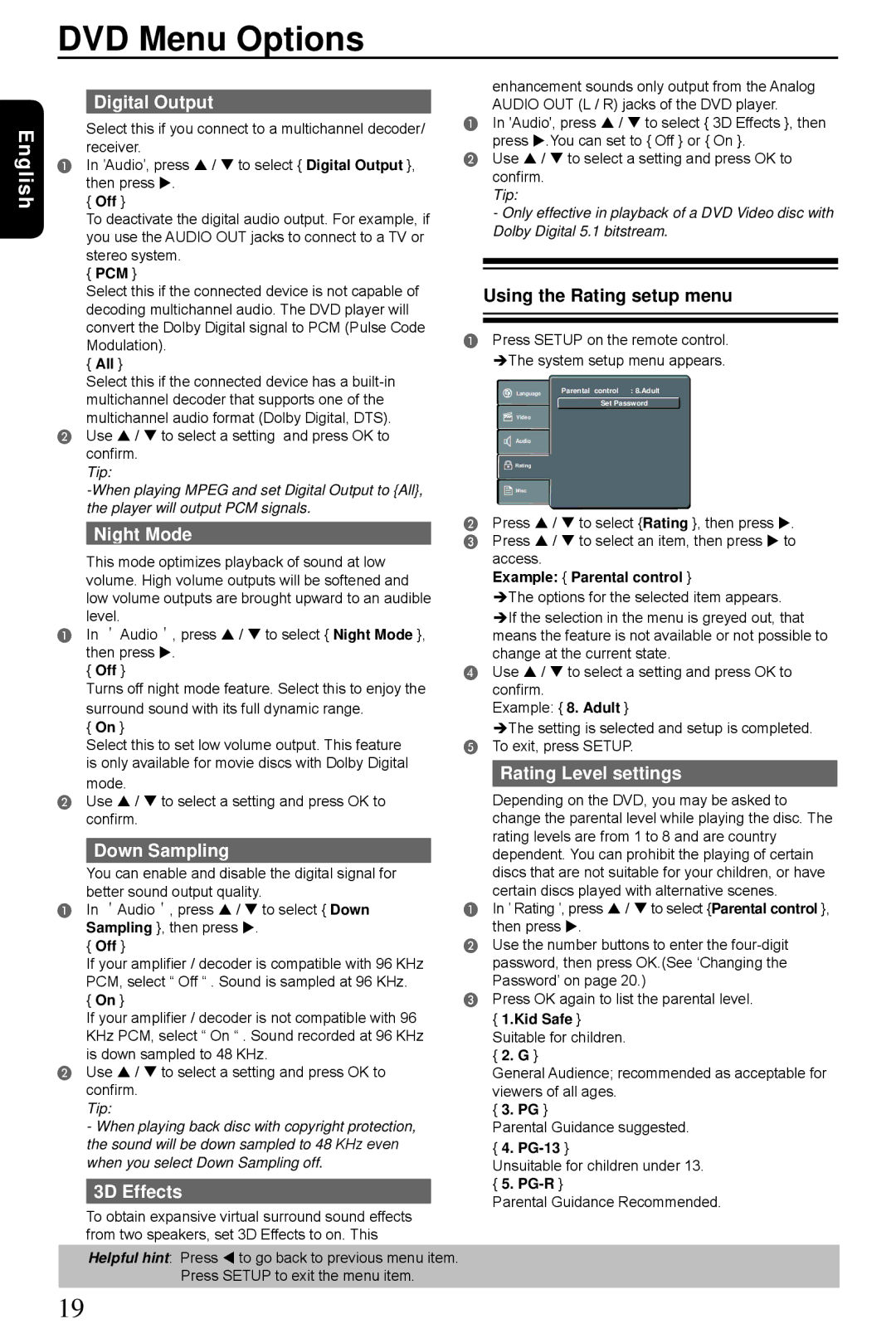 Toshiba SD3300KU manual Digital Output, Night Mode, Down Sampling, 3D Effects, Rating Level settings 