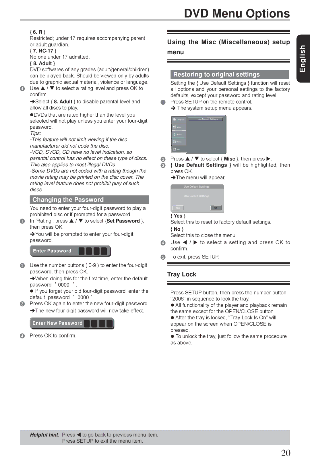 Toshiba SD3300KU Using the Misc Miscellaneous setup menu, Restoring to original settings, Changing the Password, Tray Lock 