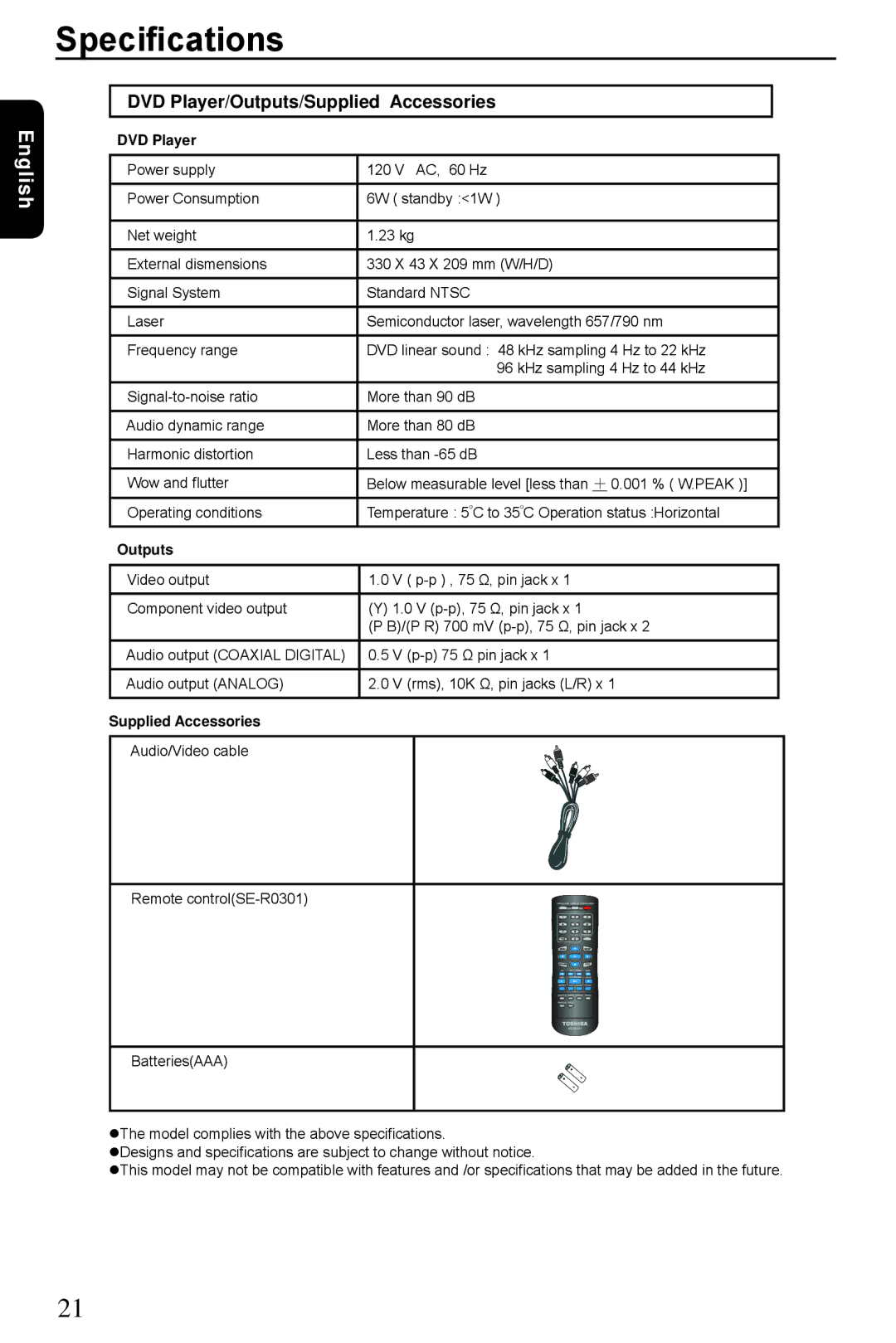 Toshiba SD3300KU manual Specifications, DVD Player/Outputs/Supplied Accessories 