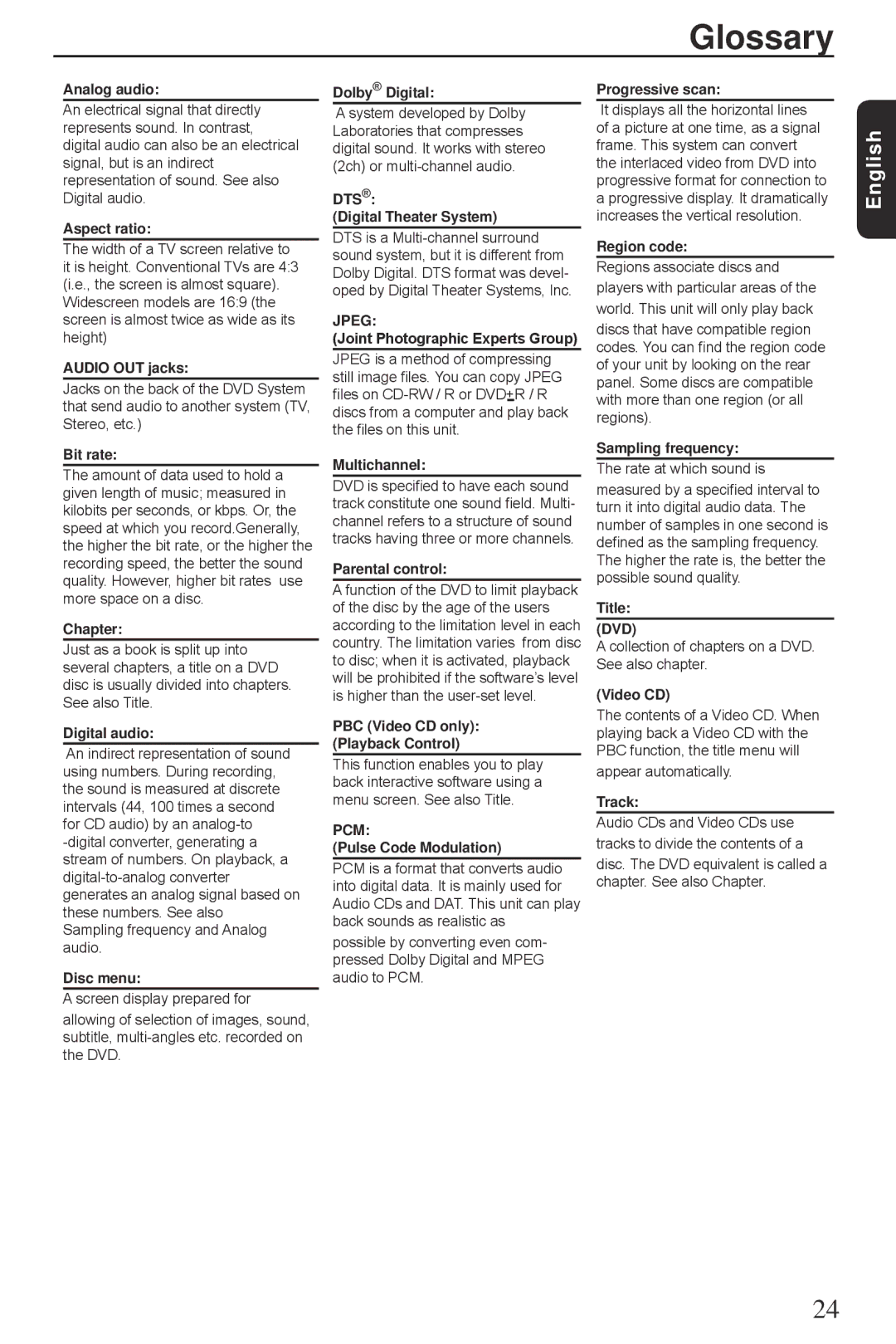 Toshiba SD3300KU manual Glossary 