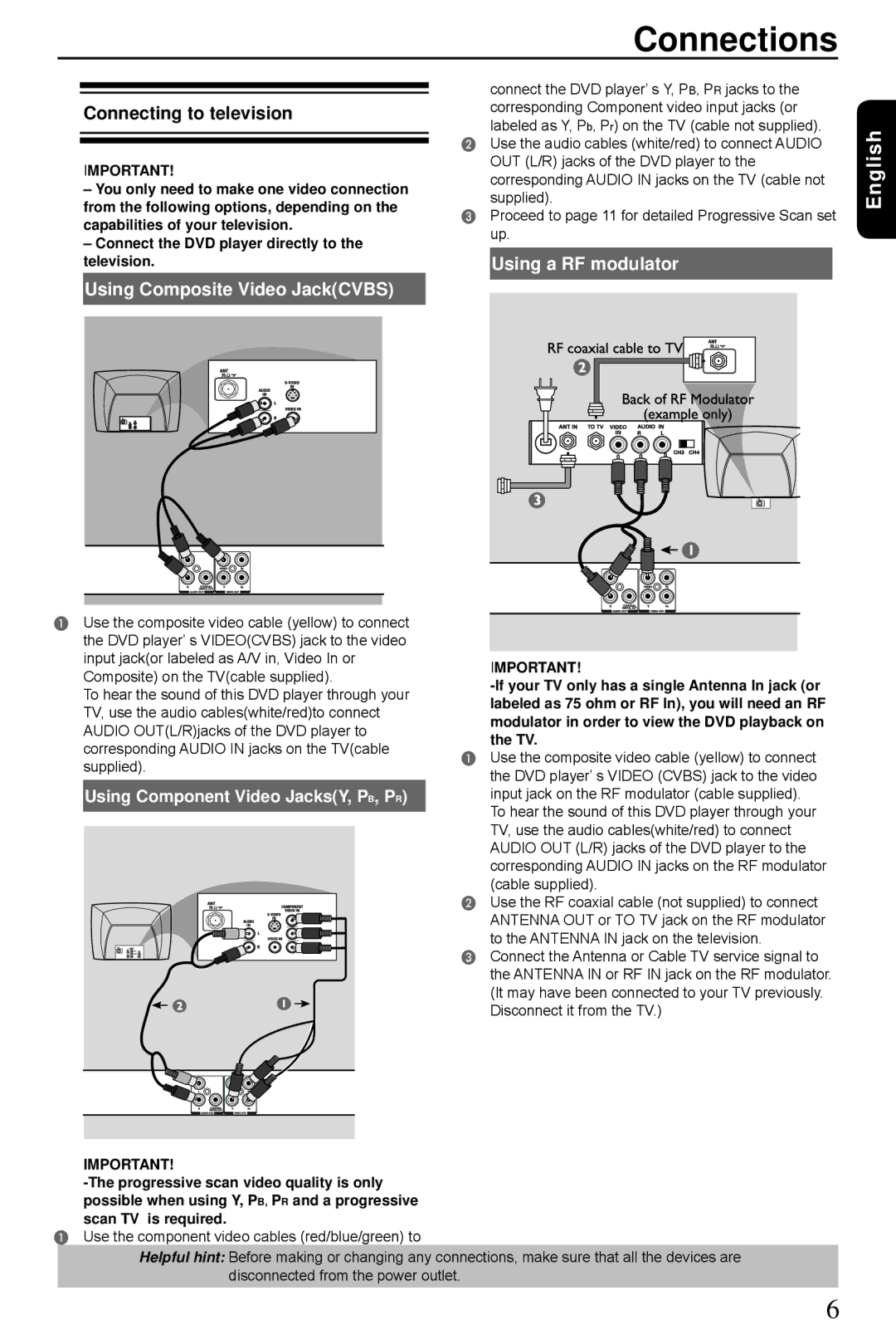 Toshiba SD3300KU manual Connections, Connecting to television, Using Composite Video JackCVBS, Using a RF modulator 