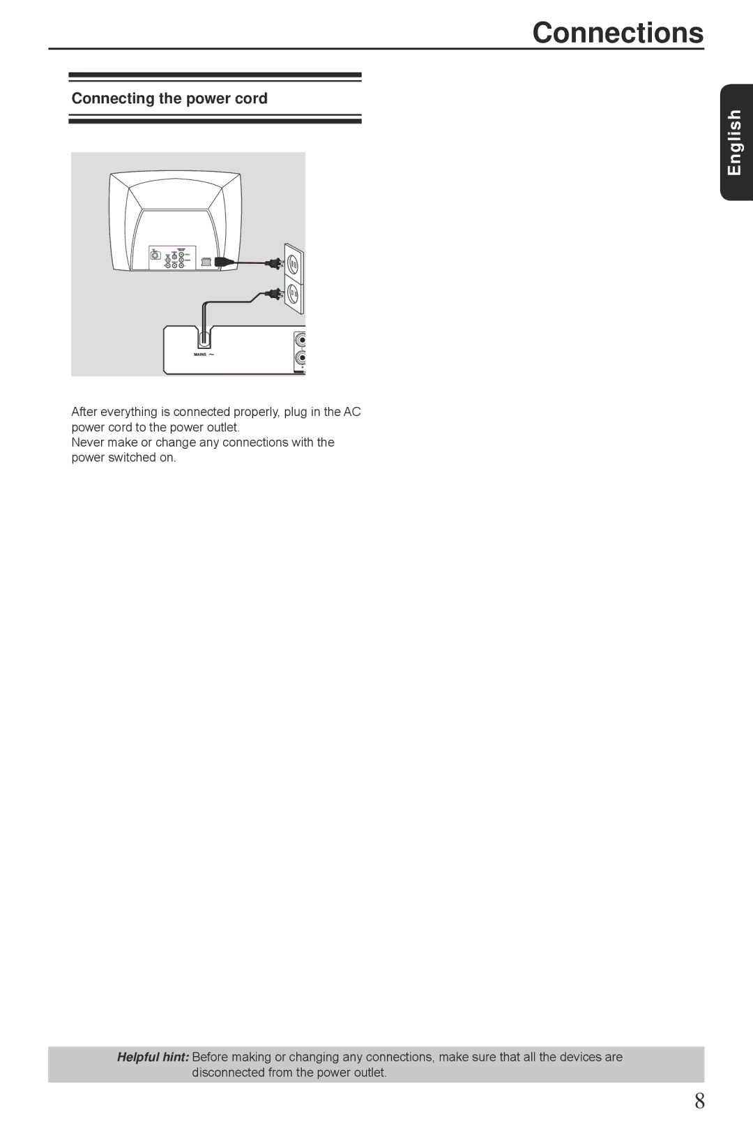 Toshiba SD3300KU manual Connecting the power cord 