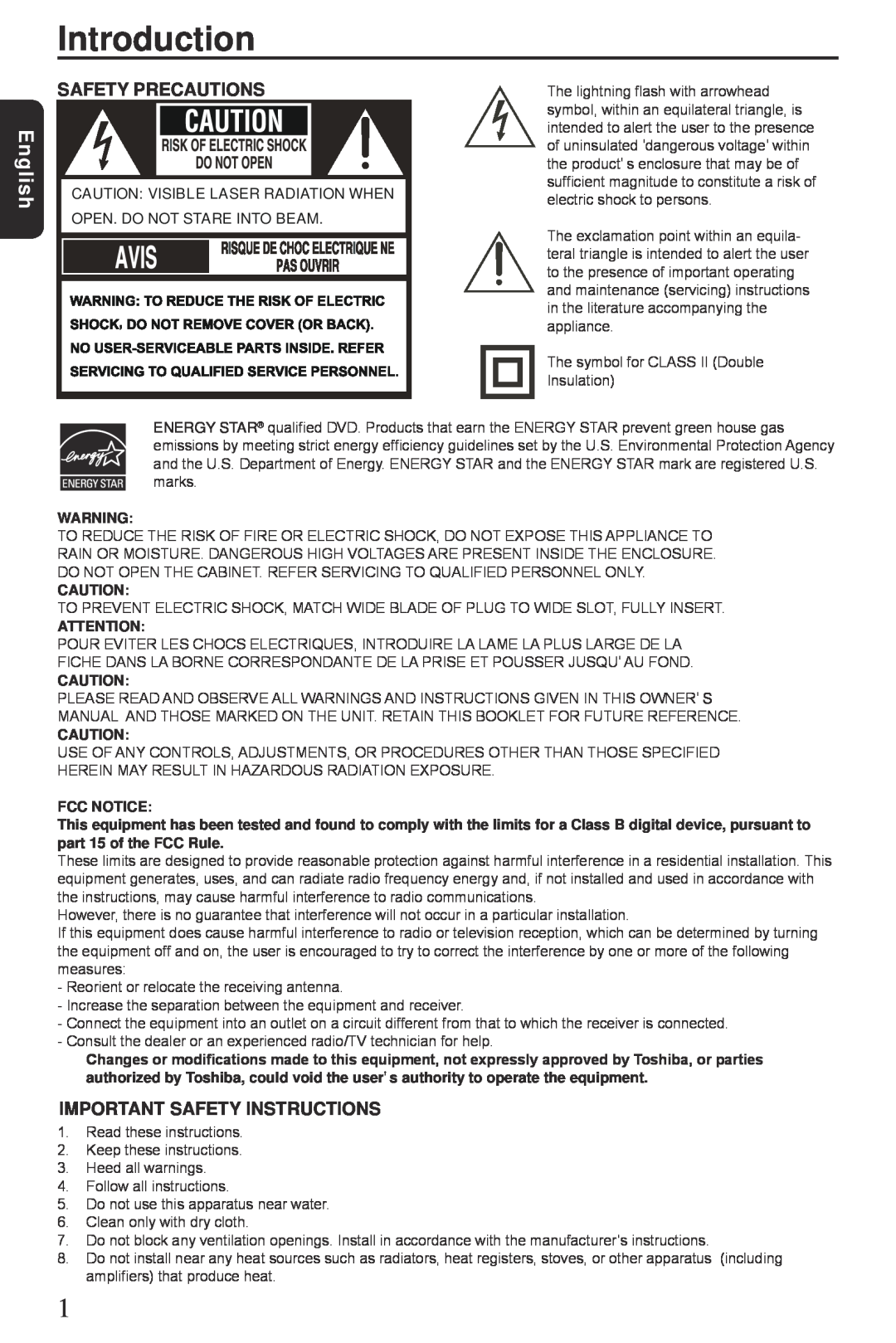 Toshiba SD3300 manual Introduction, English, Caution Visible Laser Radiation When Open. Do Not Stare Into Beam, Fcc Notice 