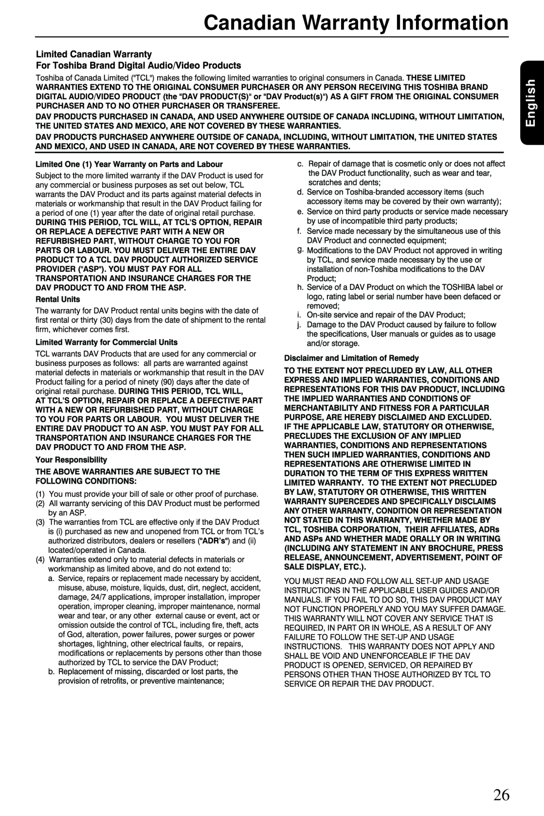 Toshiba SD3300KU manual Canadian Warranty Information, English 
