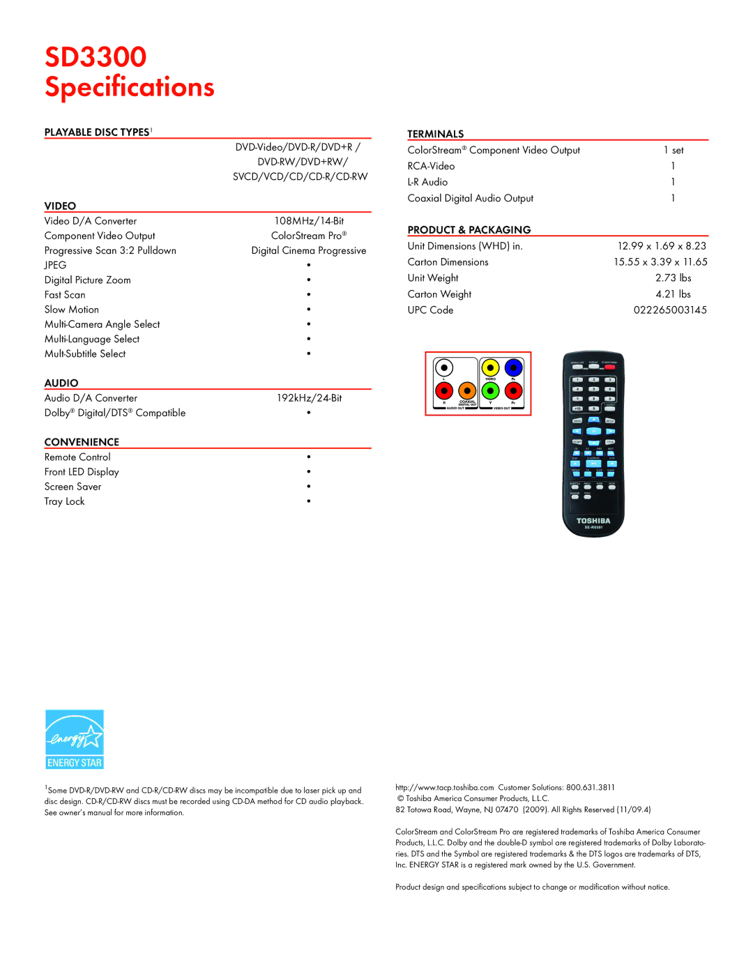 Toshiba manual SD3300 Specifications 