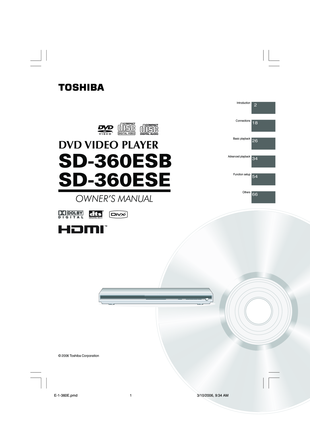 Toshiba SD360E owner manual SD-360ESB SD-360ESE, Dvd Video Player, Owner’S Manual, E-1-360E.pmd, 3/10/2006, 934 AM 