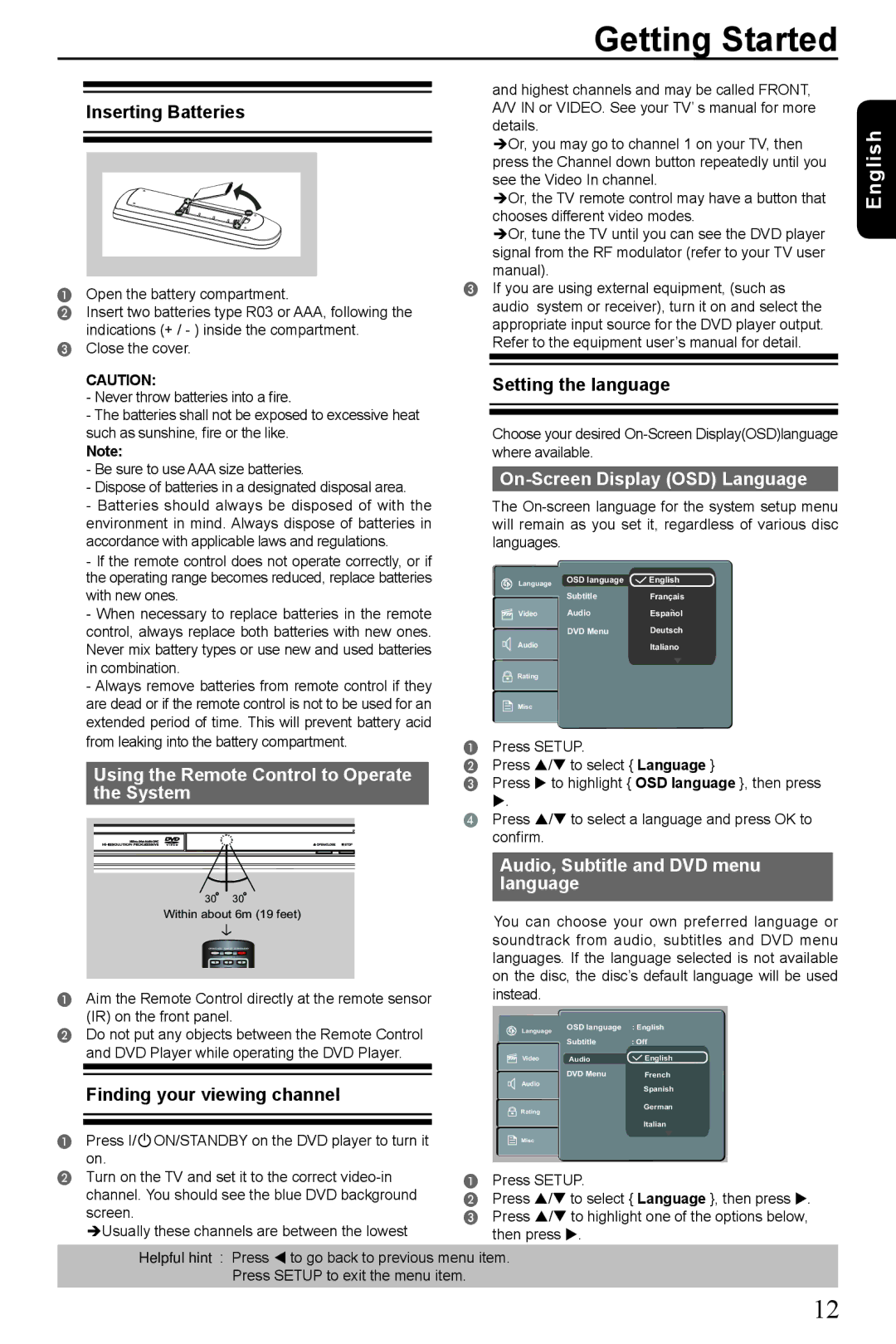 Toshiba SD390EKB manual Getting Started, Using the Remote Control to Operate the System, On-Screen Display OSD Language 