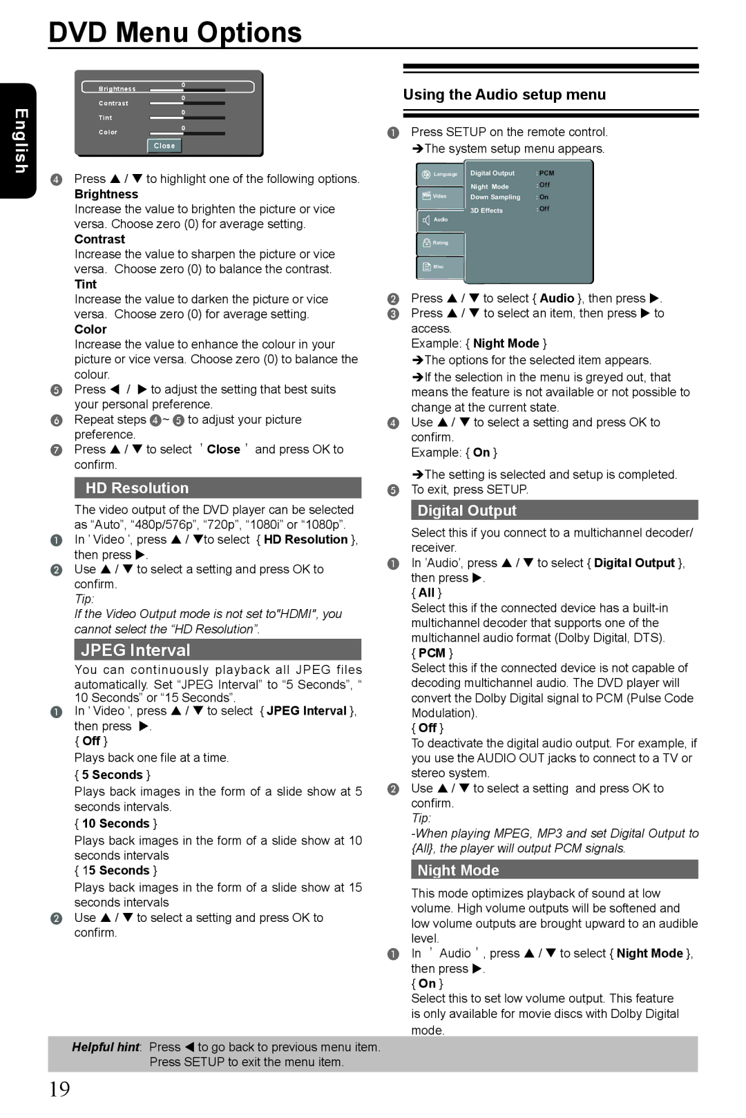 Toshiba SD390EKB manual HD Resolution, Using the Audio setup menu, Digital Output, Night Mode 