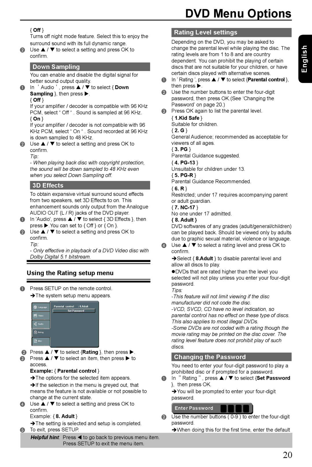 Toshiba SD390EKB Down Sampling, 3D Effects, Rating Level settings, Using the Rating setup menu, Changing the Password 