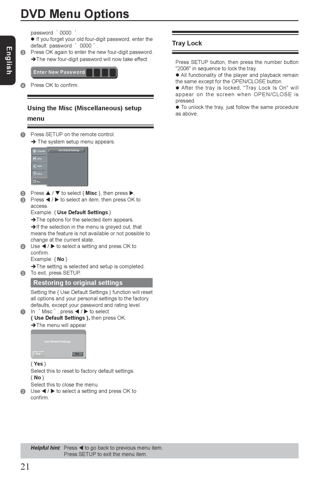 Toshiba SD390EKB manual Using the Misc Miscellaneous setup Menu, Tray Lock, Restoring to original settings 