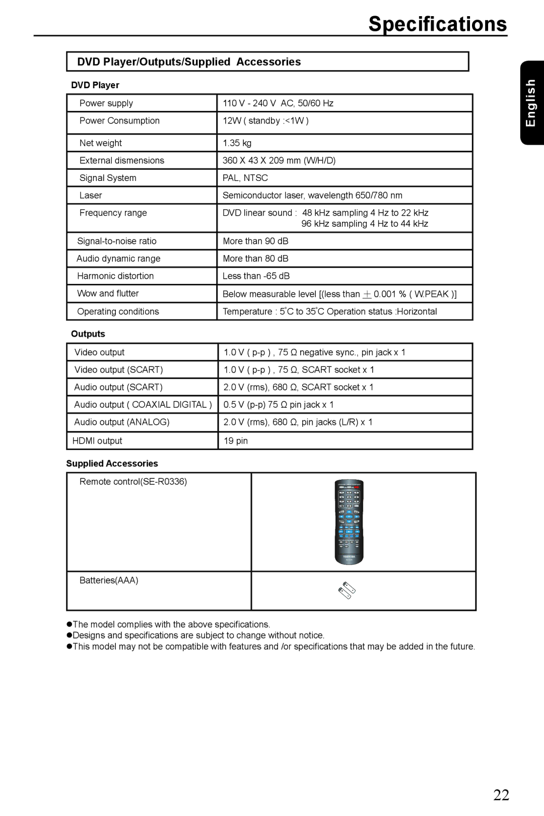 Toshiba SD390EKB manual Specifications, DVD Player/Outputs/Supplied Accessories 