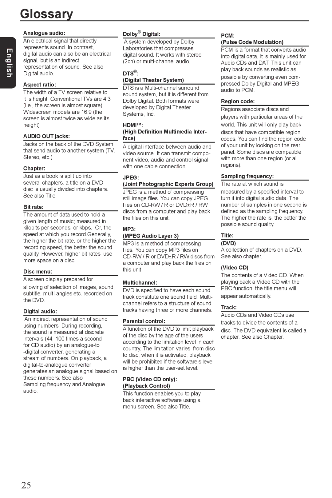 Toshiba SD390EKB manual Glossary 