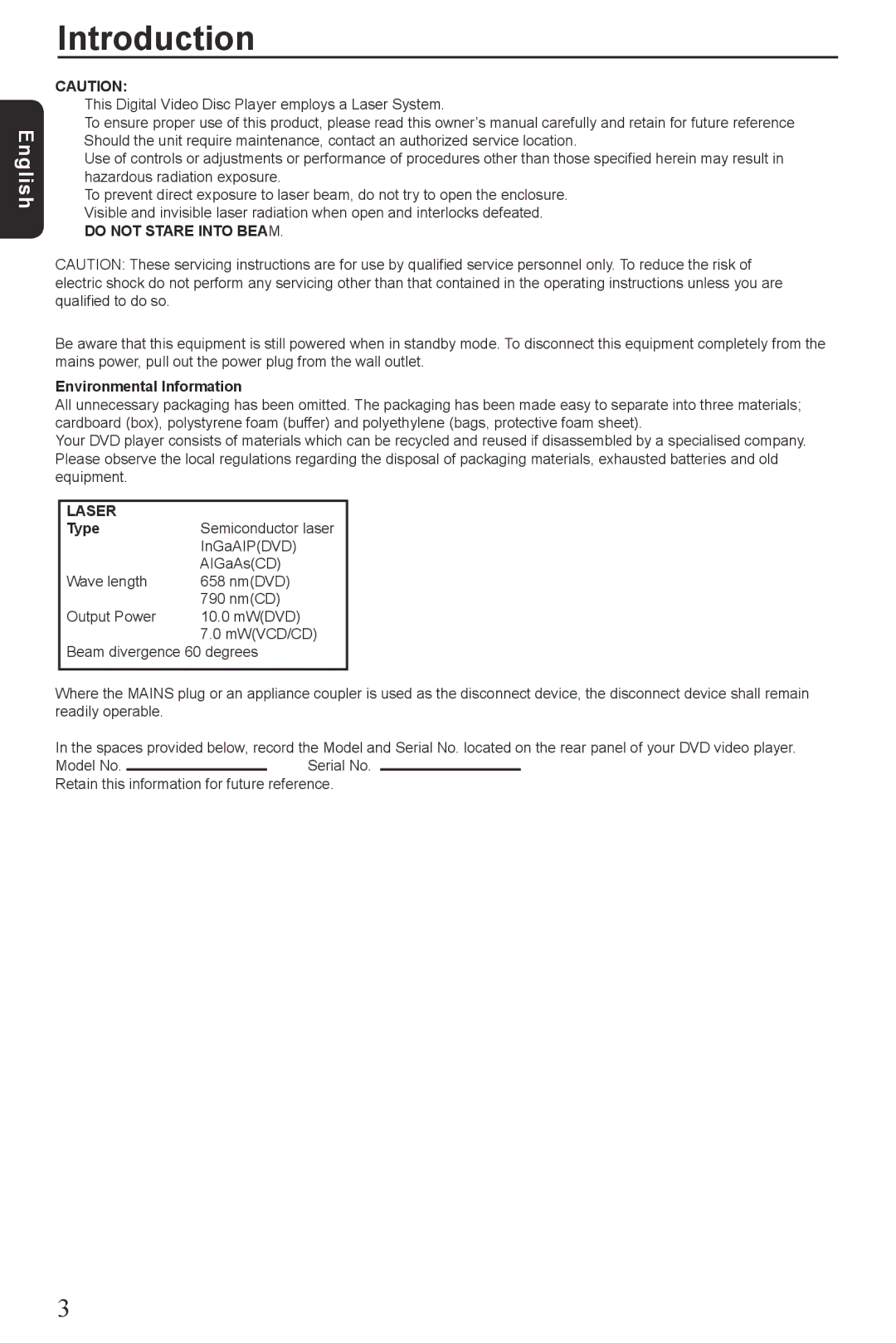 Toshiba SD390EKB manual Environmental Information, Type, Semiconductor laser, InGaAIPDVD, AIGaAsCD 