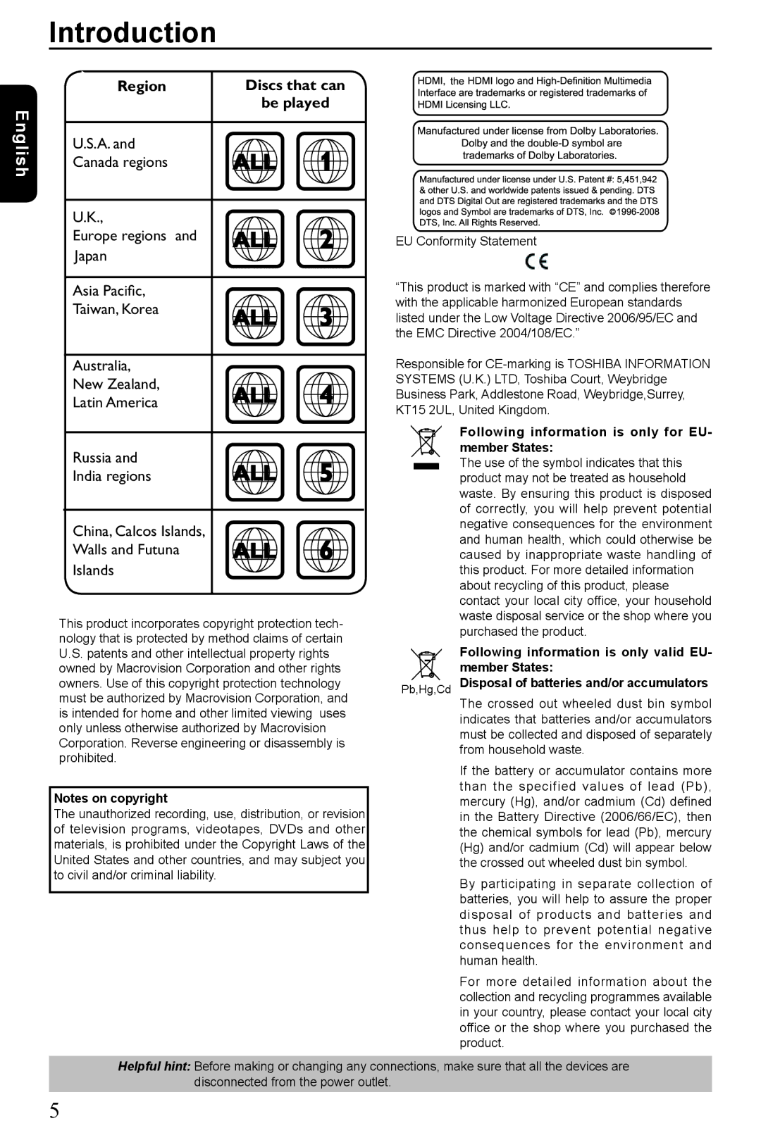 Toshiba SD390EKB manual Region Discs that can Be played, Following information is only for EU, Member States 