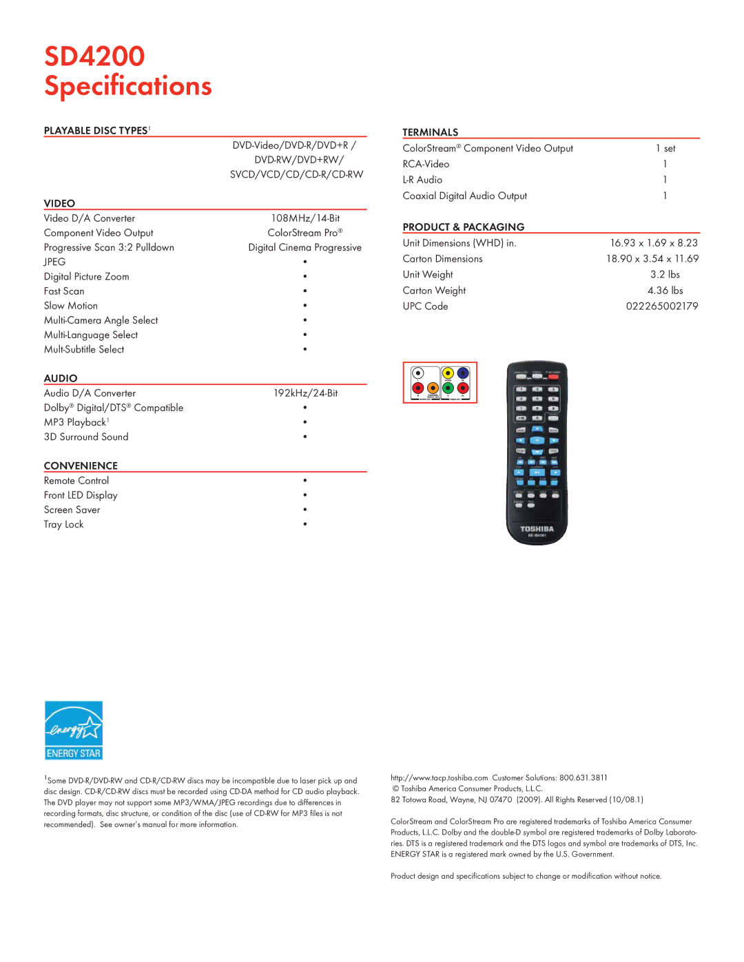 Toshiba manual SD4200 Speciﬁcations 