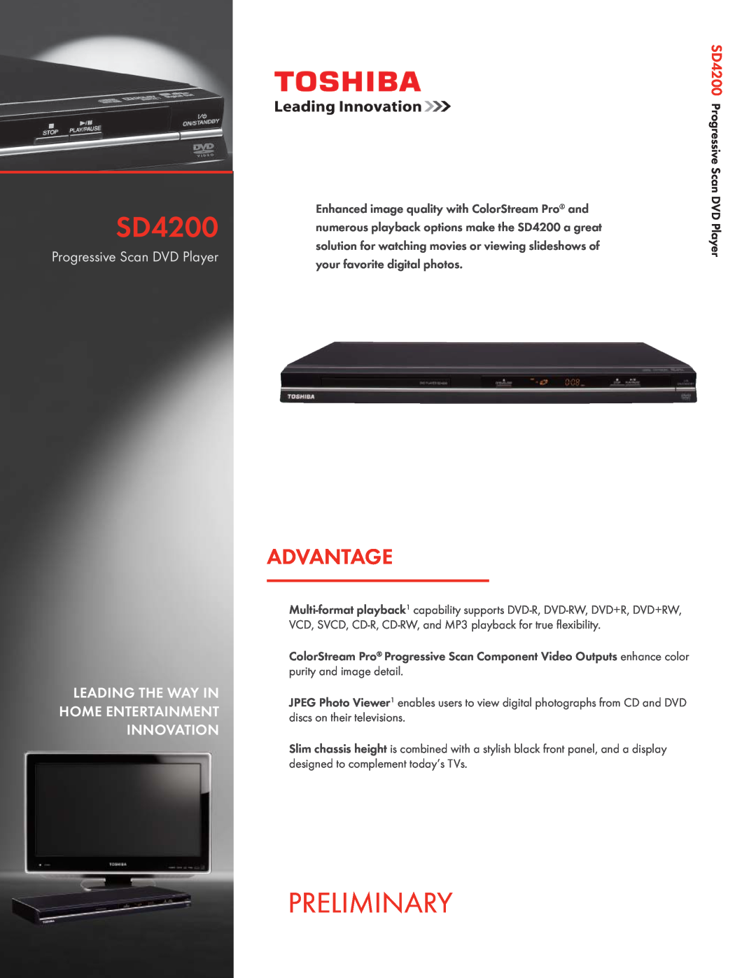 Toshiba SD4200 manual Preliminary, Advantage, Progressive Scan DVD Player 
