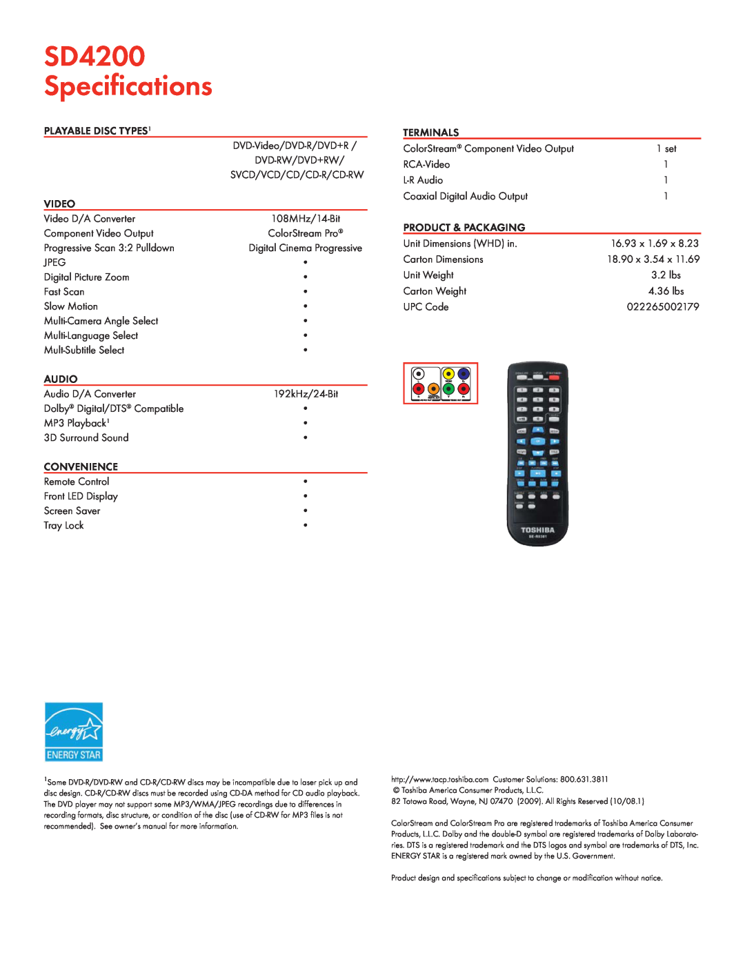 Toshiba manual SD4200 Speciﬁcations, PLAYABLE DISC TYPES1, Video, Audio, Convenience, Terminals, Product & Packaging 