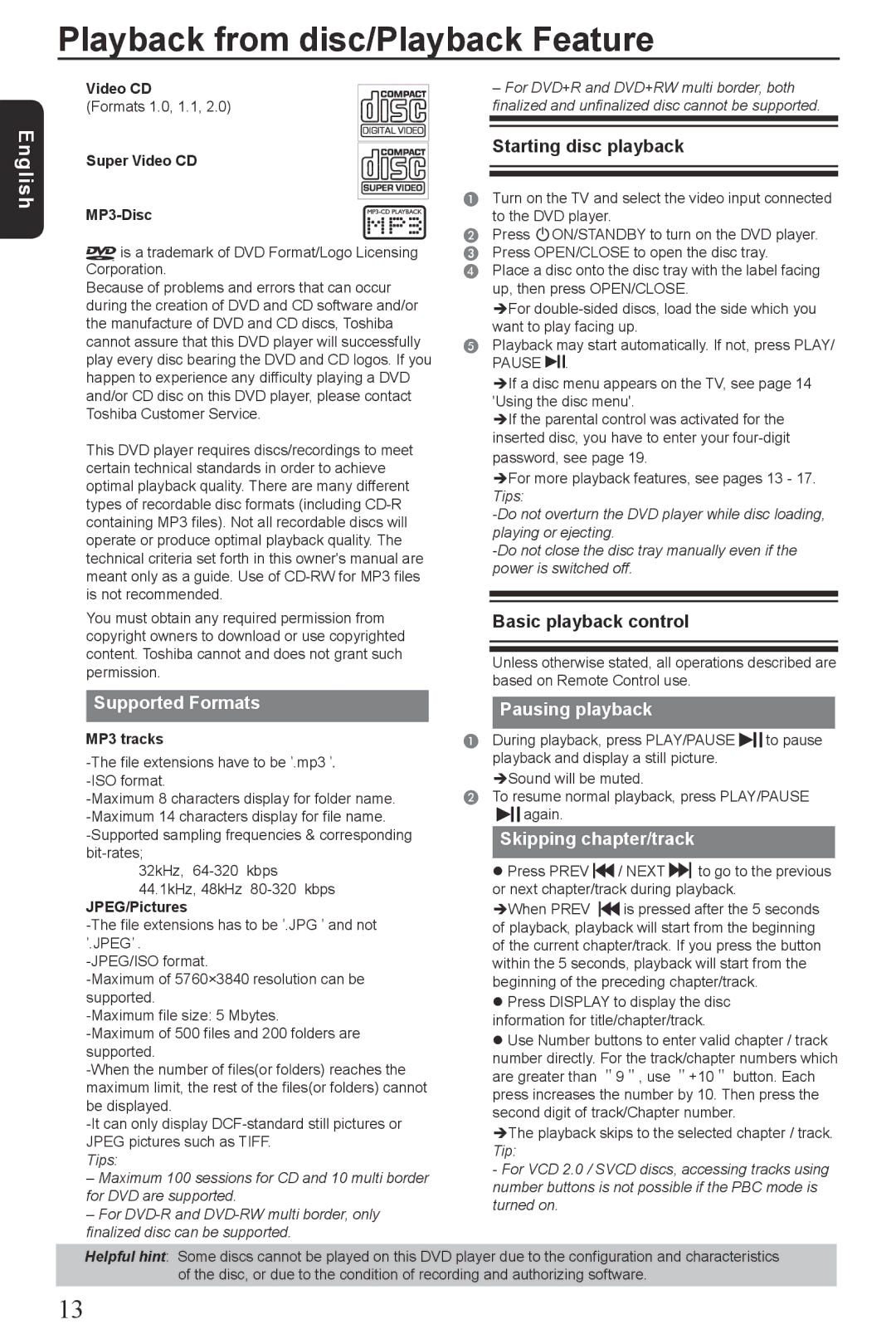 Toshiba SD4300KU Playback from disc/Playback Feature, Starting disc playback, Basic playback control, Supported Formats 